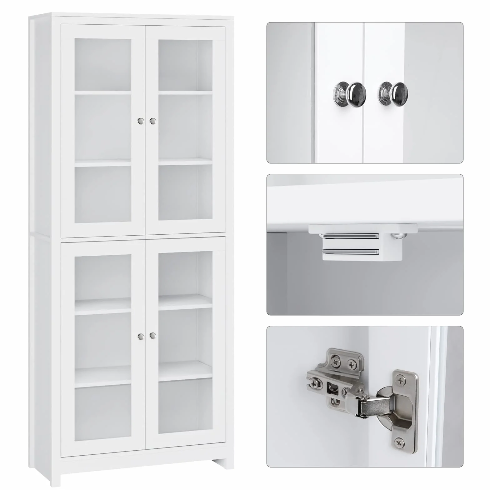FOREHILL Vitrine en Verre 190cm Armoire Cuisine Haute avec 4 Portes Vitrées Meuble Vitrine Salon Bibliothèque avec 6 étagères de Rangement en Bois Blanc