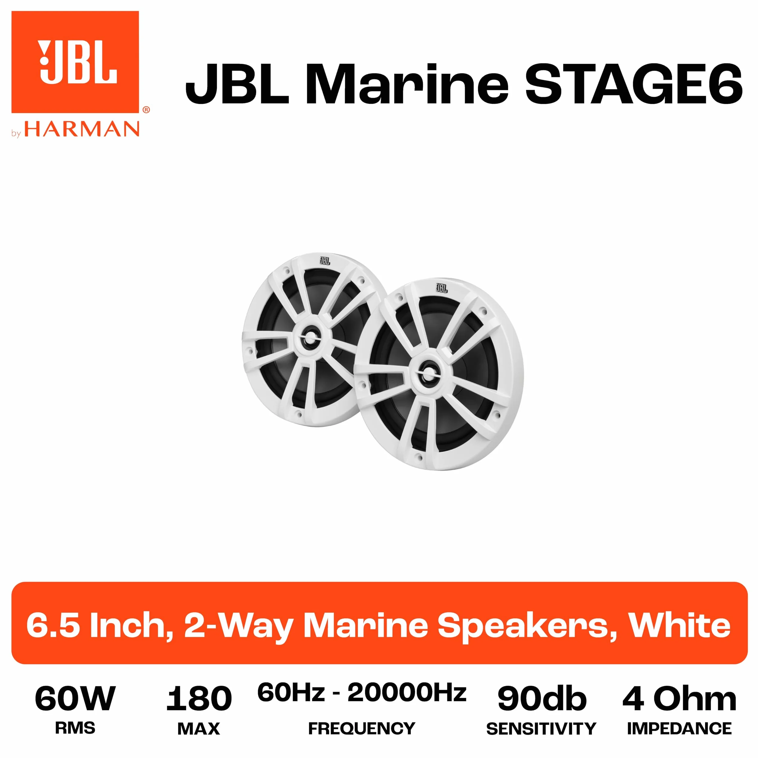 JBL Stage Marine Wodoodporny głośnik 6-1/2" (160mm) - 180 W Dwukierunkowe głośniki morskie do łodzi - Zabytkowe podtynkowe odporne na promieniowanie UV i słoną wodę - Kolor: Biały