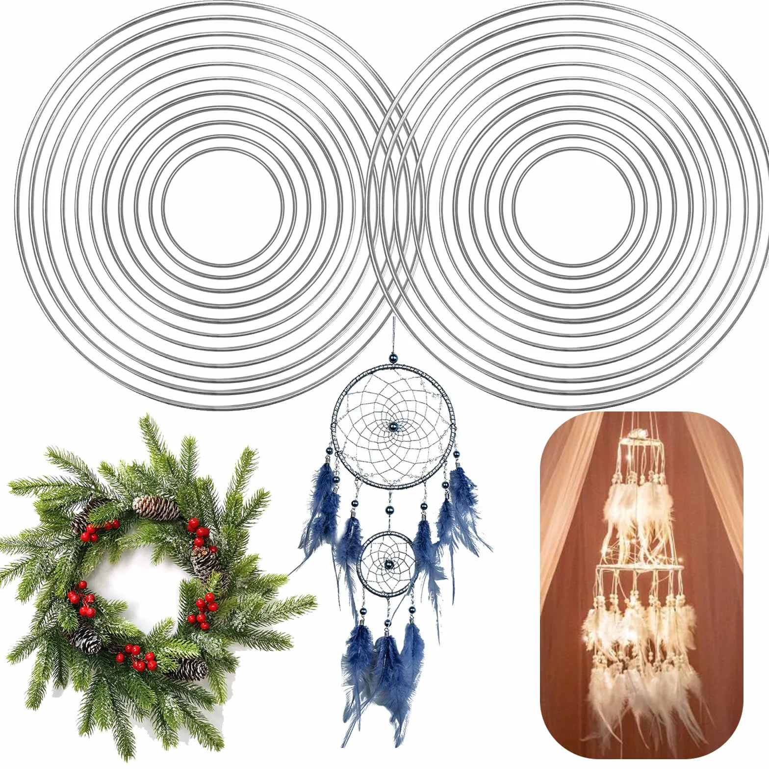 Cercle Attrape Rêve Métal, 22 Pièces Anneaux Macramé Argent 4-20 cm pour DIY Floral Hoop et Décoration