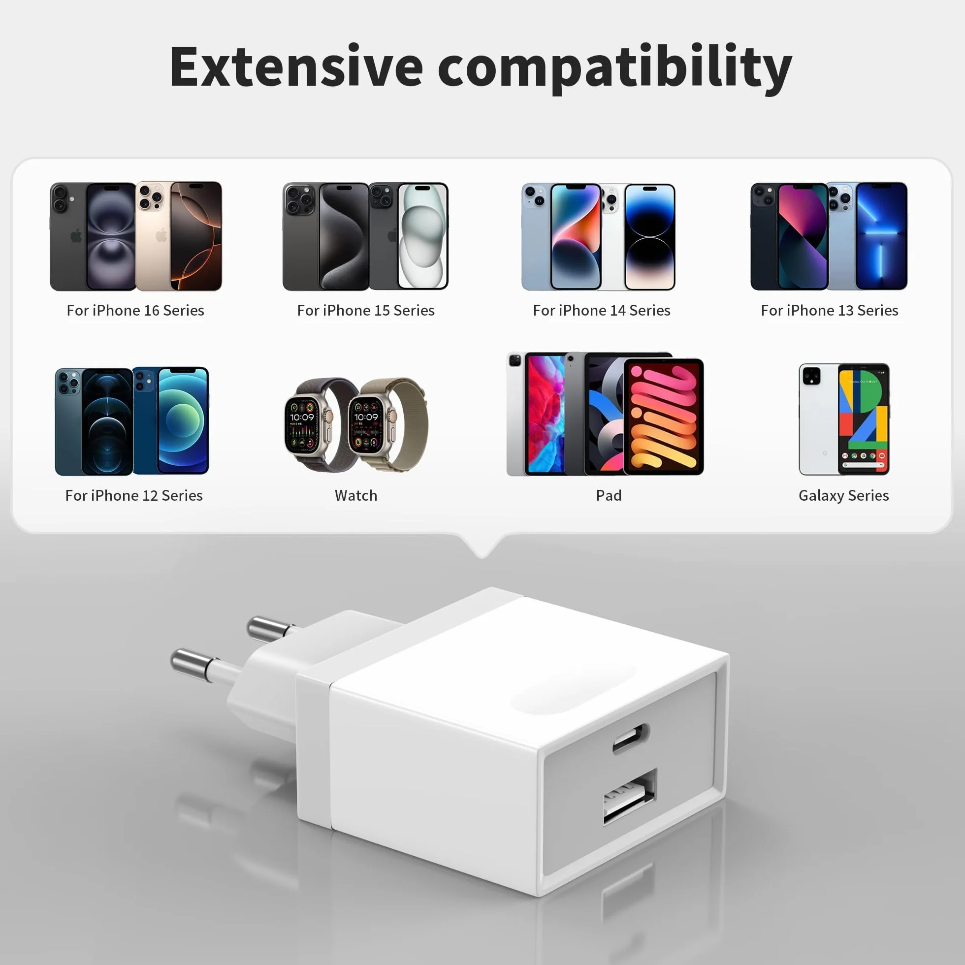 Chargeur USB C 20W Rapide pour iPhone 16 15 14 13 12 11 Pro Max SE, Galaxy, Pad, Adaptateur Secteur Type C Double Bloc Mural