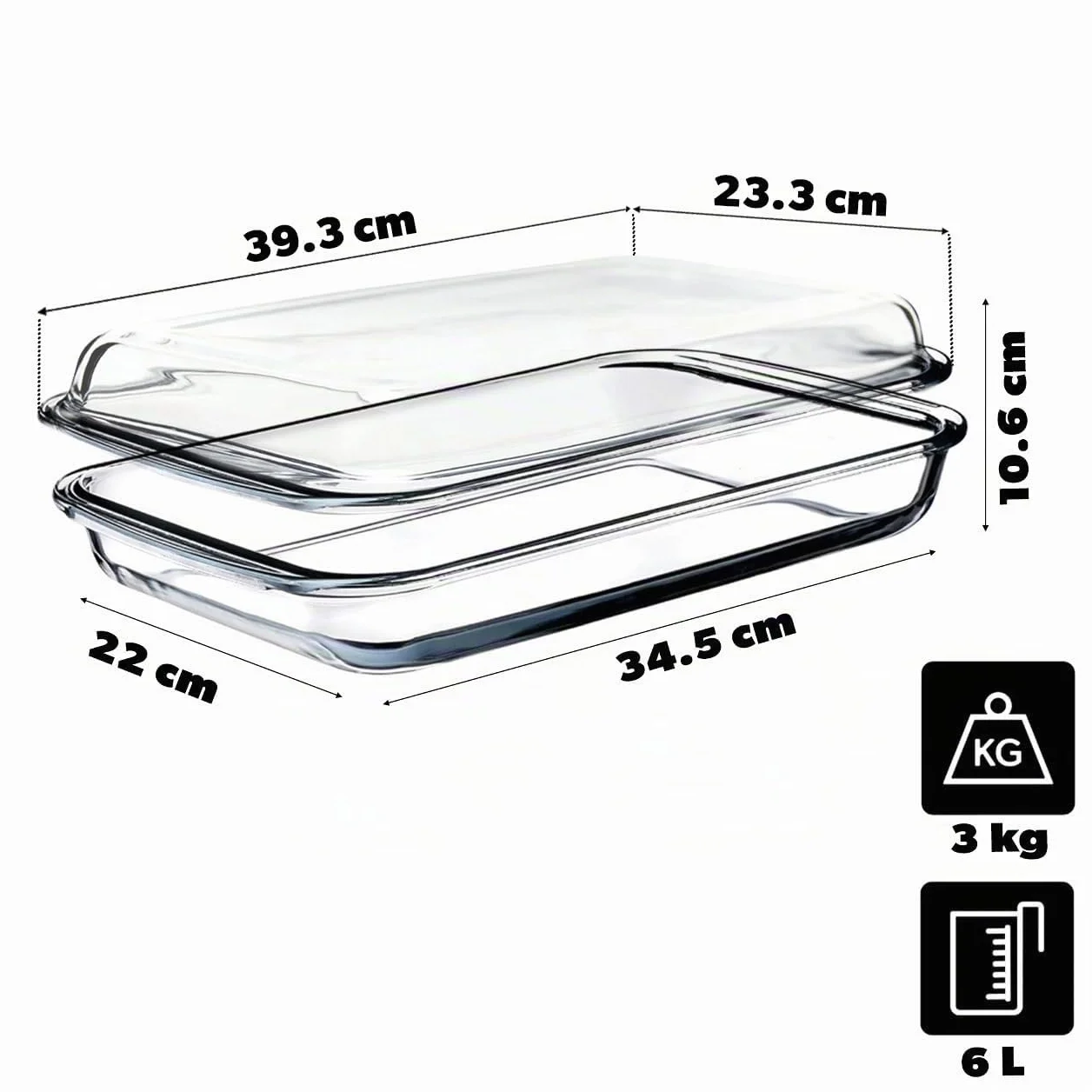 KADAX Plat à gratin rectangulaire de 6 l en verre résistant à la chaleur avec couvercle, passe au lave-vaisselle, plat à rôtir, plat à gratin en verre pour lasagnes, gâteaux (transparent)