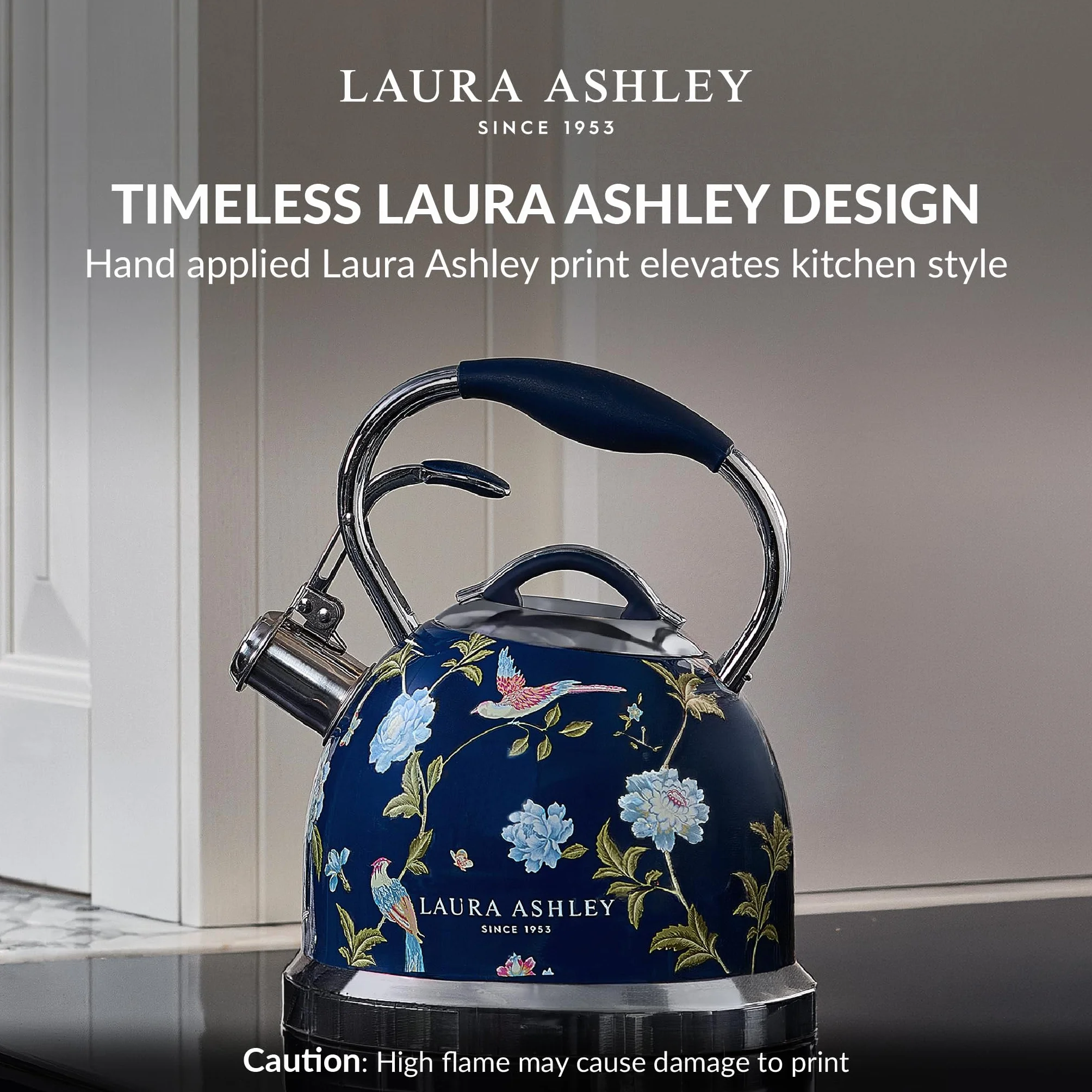Laura Ashley Elveden Marine Bouilloire Induction de 2,5 Litres par VQ - Bouilloire Sifflante à Ébullition Rapide pour Gaz, Induction ou Autres Cuisinières avec Mécanisme à Bouton-Poussoir