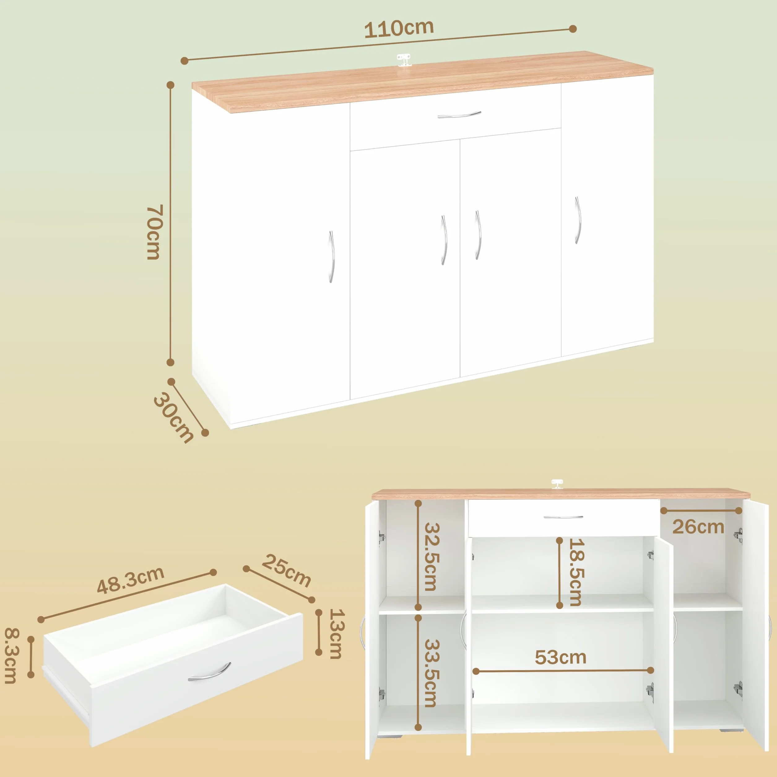 Meuble Cuisine Rangement Plan de Travail Cuisine Buffet Cuisine Blanc 110 x 30 x 70 cm avec Tiroir et 4 Portes Meuble Bas Cuisine Meuble Rangement Cuisine Salle à Manger Salon Armoire
