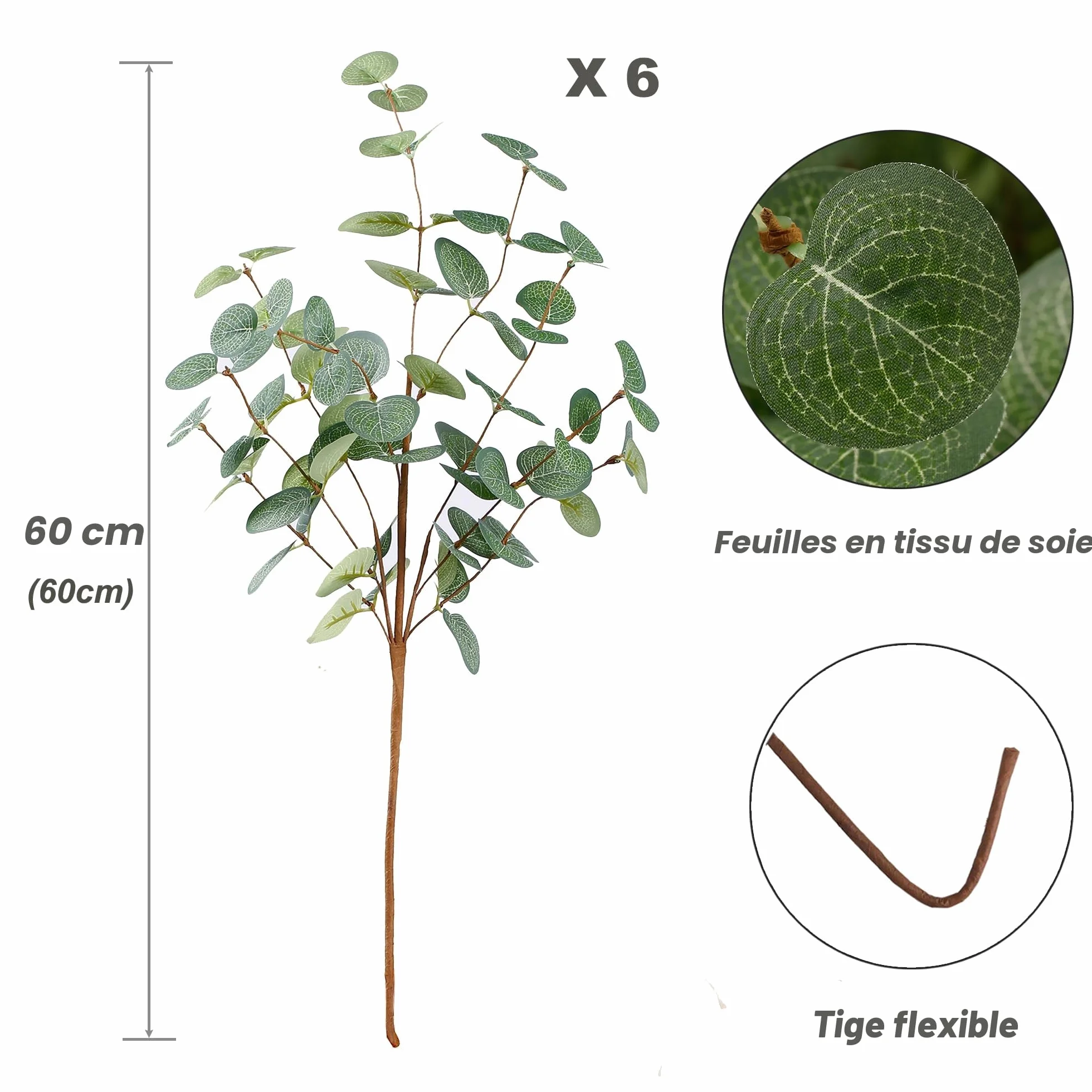 Lot de 6 Bouquets de Fleurs d'Eucalyptus Artificielles, Tiges en Soie pour Décoration Florale