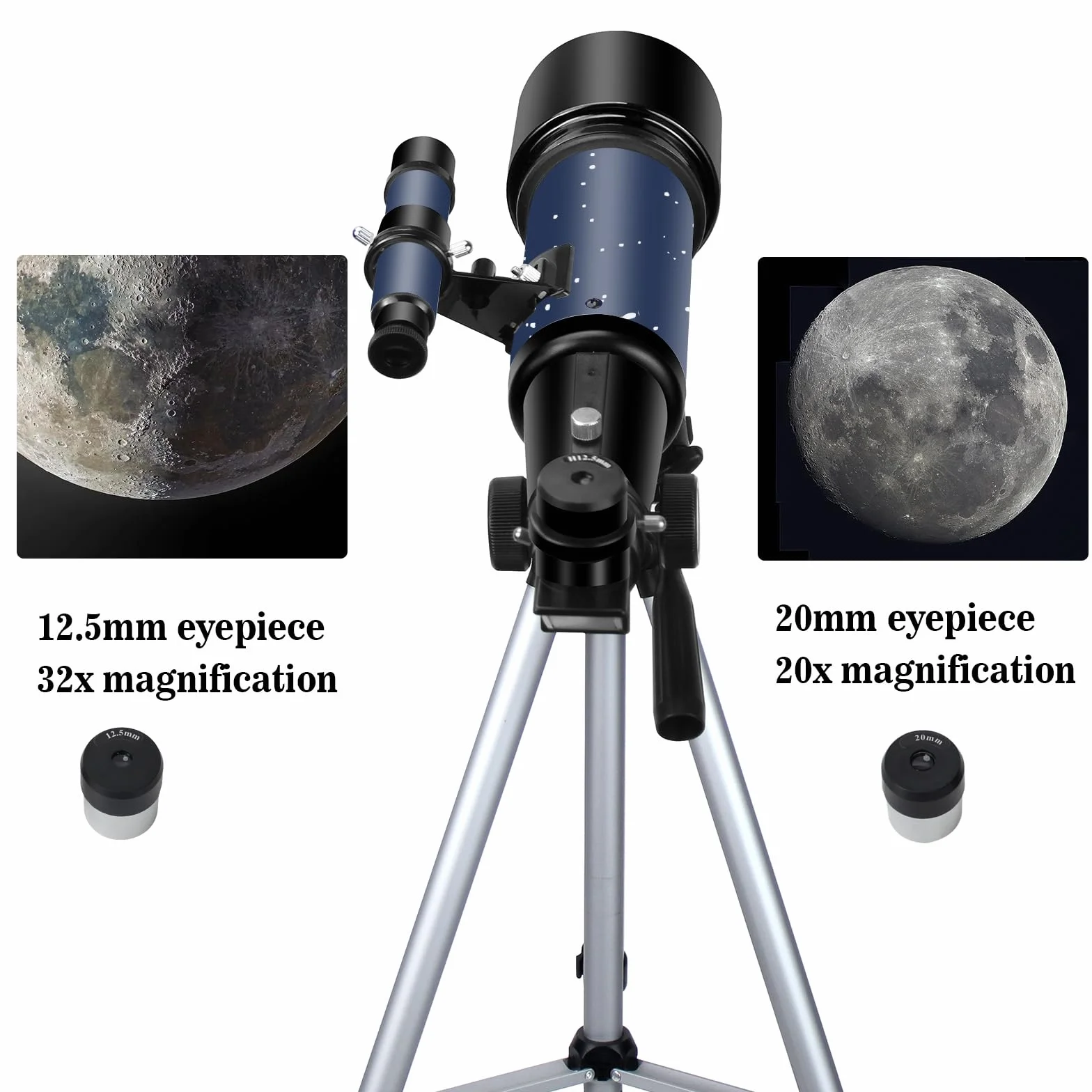 Teleskop dla dorosłych początkujących, apertura 70mm, 400mm, montaż AZ, w pełni wielowarstwowo powlekana optyka, refraktor, przenośne teleskopy, teleskop podróżny ze statywem i adapterem do telefonu