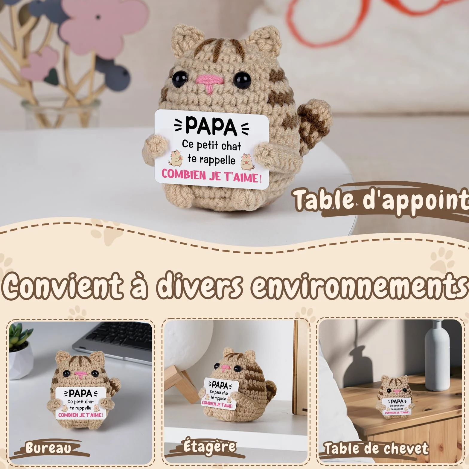 Chat au Crochet Cadeau Fete des Peres Papa 7x7x7.5cm