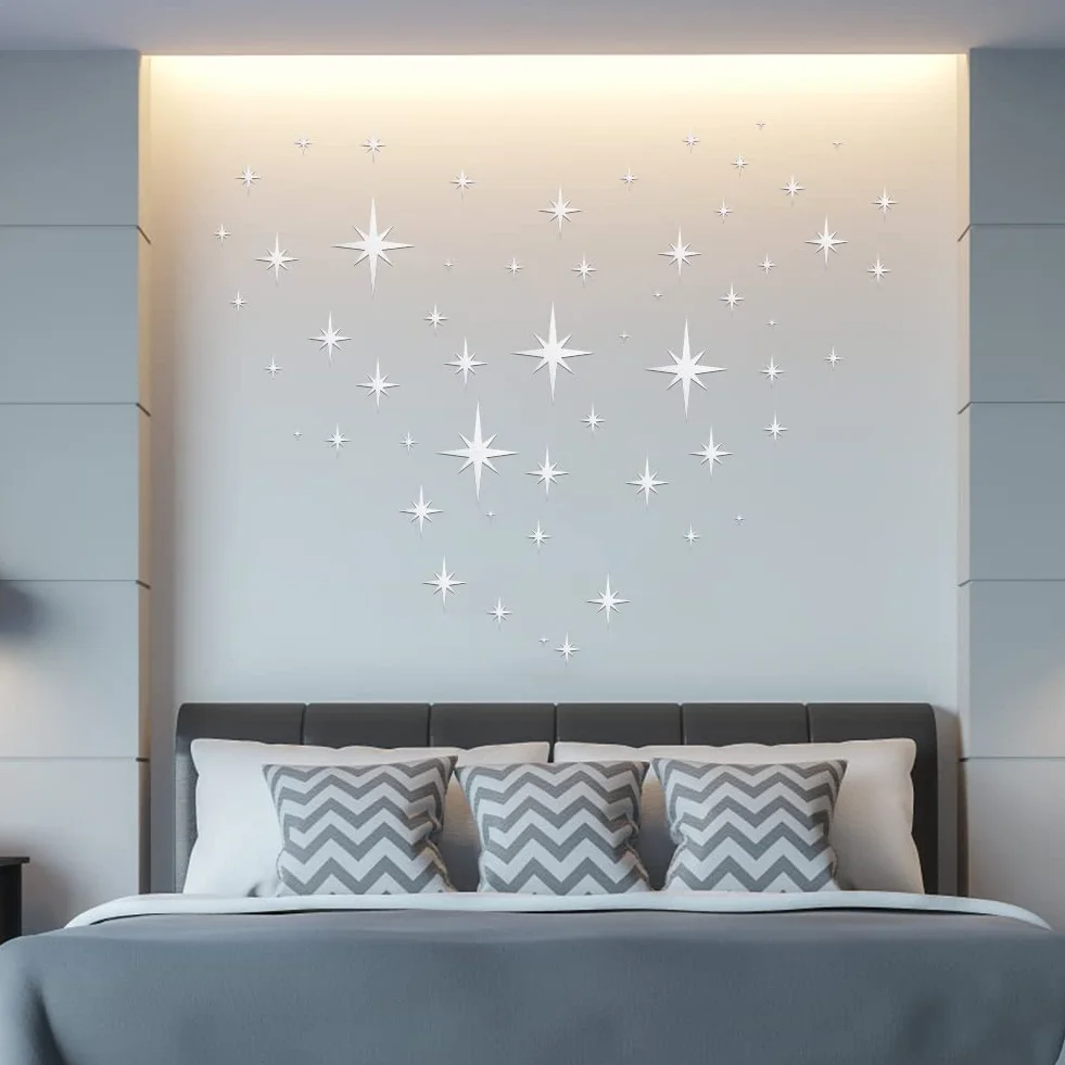 Miroir Etoile 82pcs 3D Stickers Muraux Argent Amovible Miroir Mural Autocollant Enfant Acrylique Decoratif