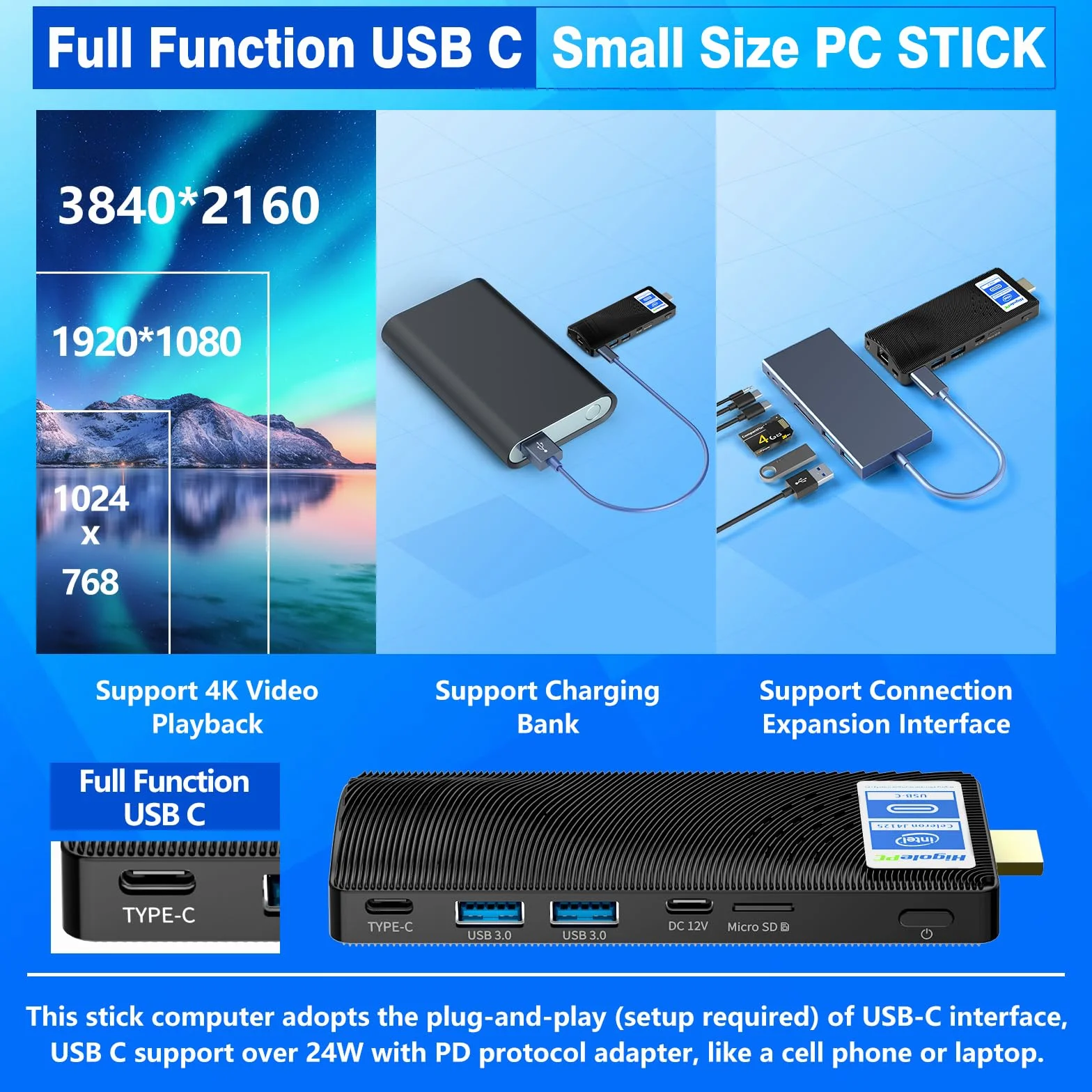 Mini PC Stick Win 11 Pro, Celeron J4125 8GB 256GB eMMC, Fanless, 4K 60Hz, USB-C, WiFi BT 5.2