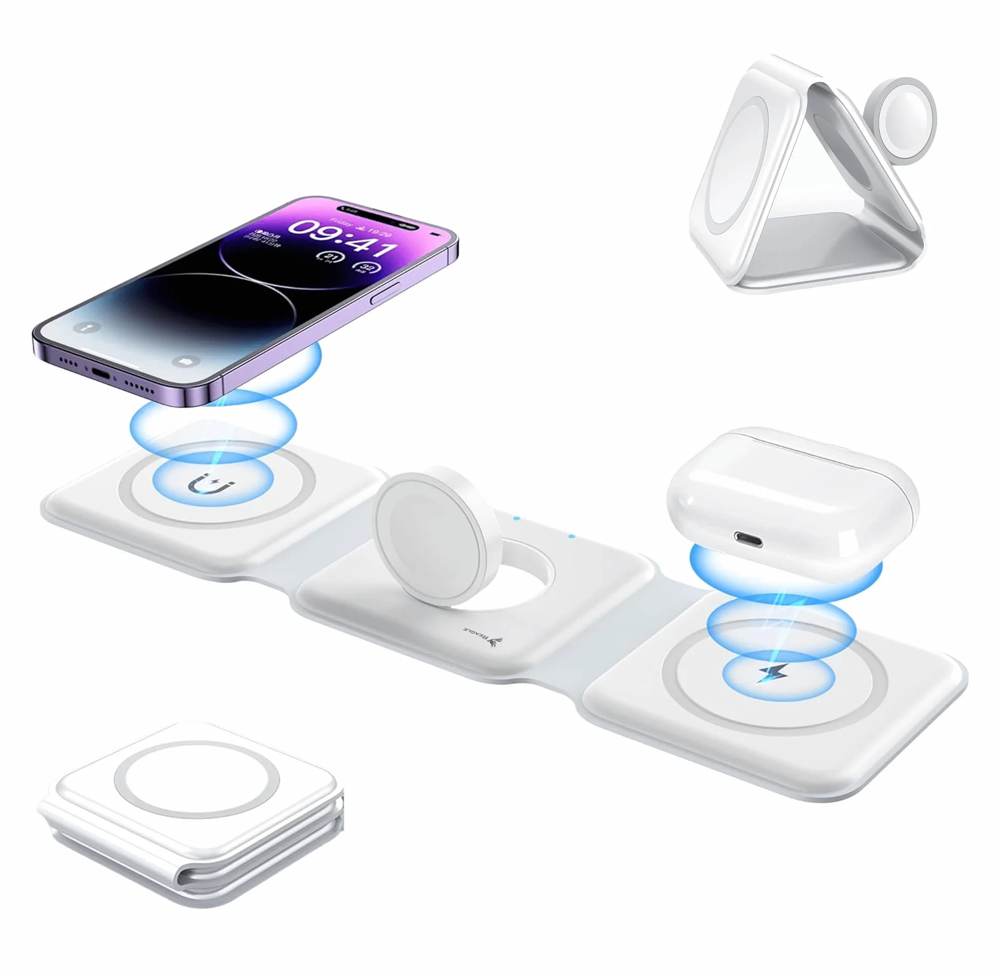 Reagle Składana indukcyjna bezprzewodowa ładowarka 3 w 1, 15 W stacja ładująca do telefonu, słuchawek, smartwatch, Samsung S25 Travel Charging Station do Apple Watch, standard Qi