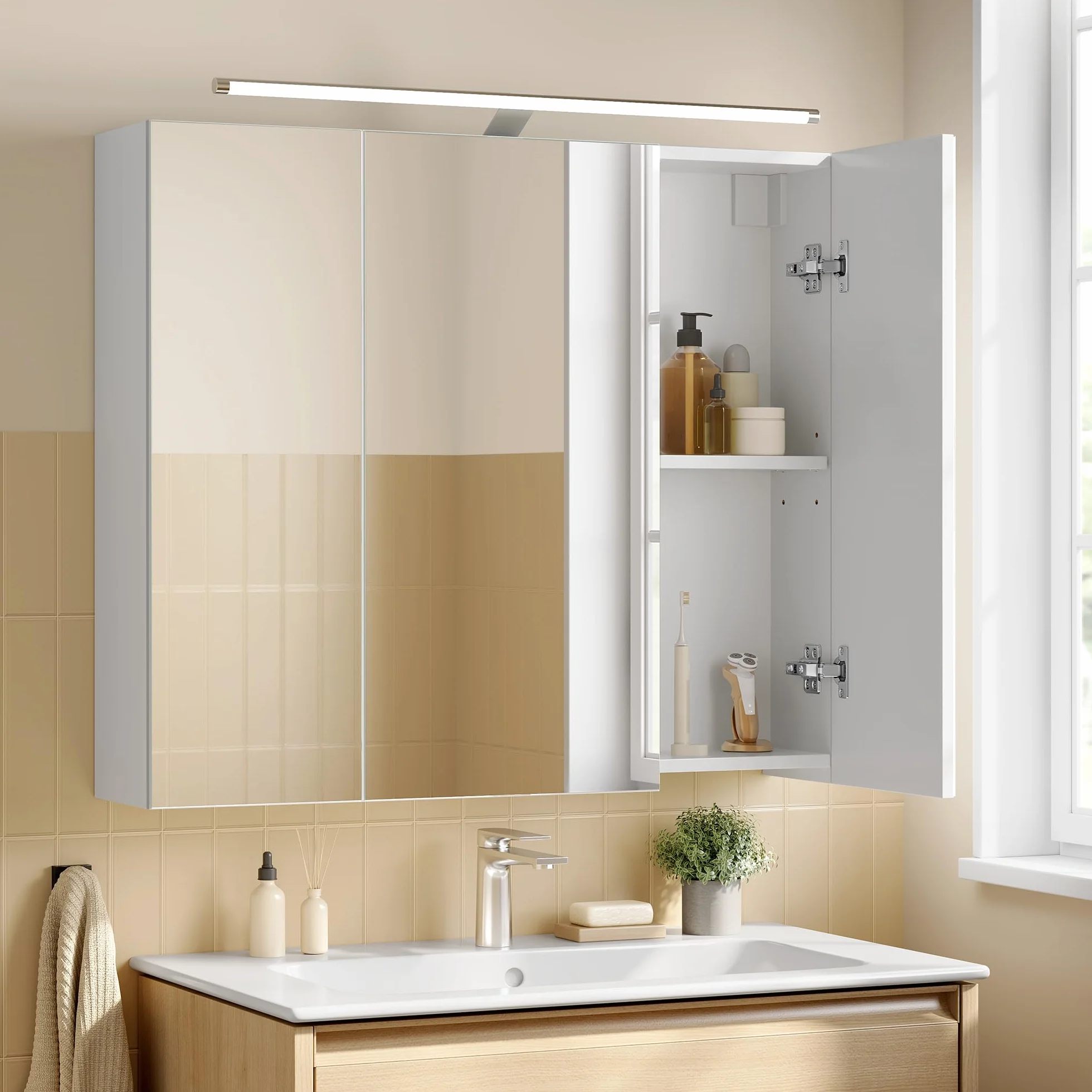 VASAGLE Kailyn Collection - Armoire Murale à 3 Portes Miroir avec Éclairage, Meuble de Salle de Bain, Étagères Réglables, Style Moderne, 15 x 70 x 60 cm, Blanc Nuage BBK139WB01