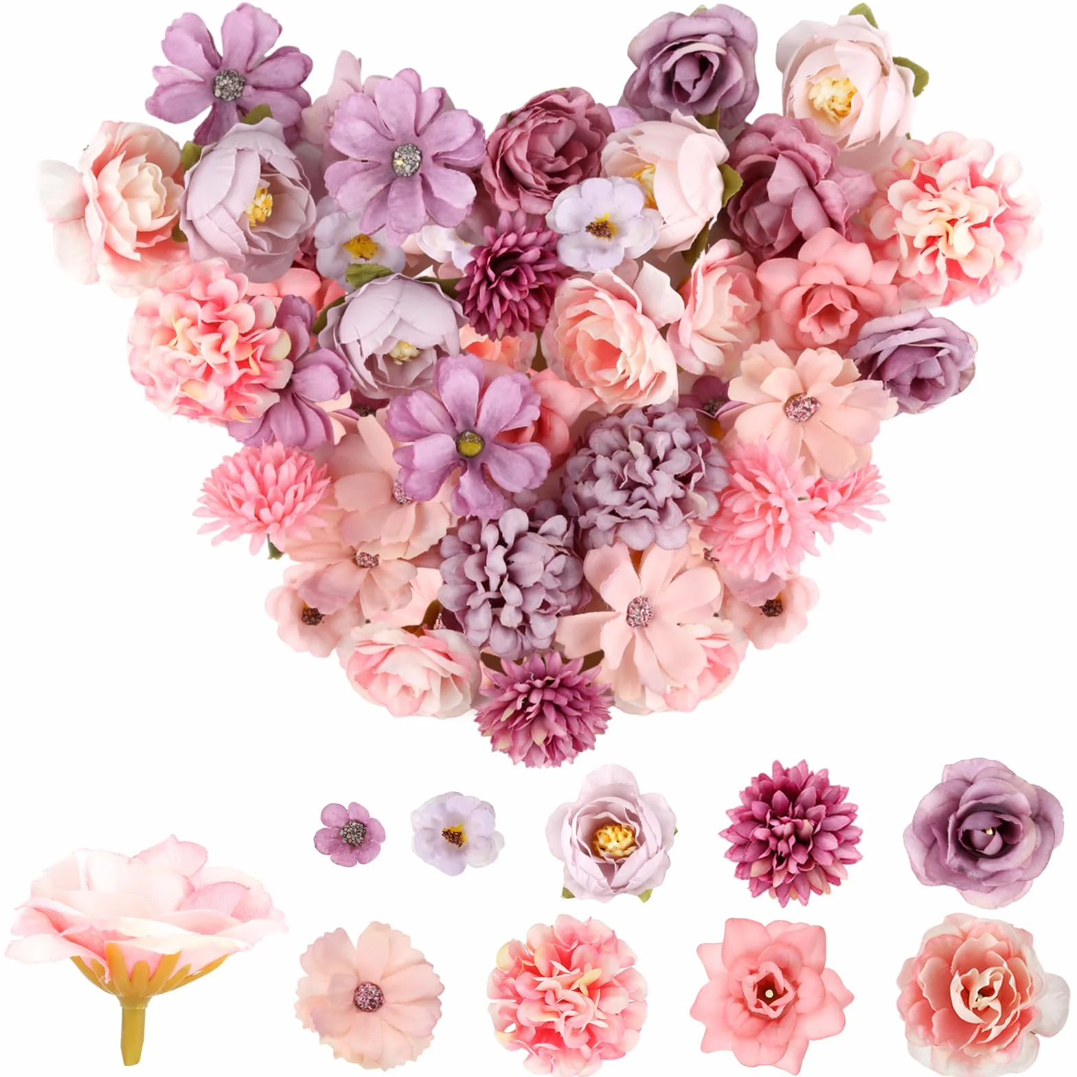 40 Pièces Fausse Fleur Artificielle Tete de Fleurs en Tissu Rose Violet Mélangée 10 Styles pour DIY Scrapbooking Guirlande Mariage Bouquet