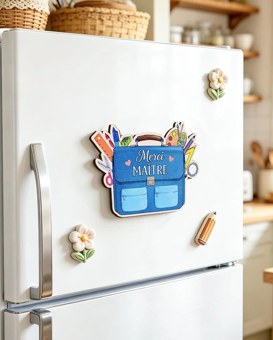 Magnet en Bois Merci Maitre d'école avec Carte de Vœux et Enveloppe, Cadeau Original Homme Professeur