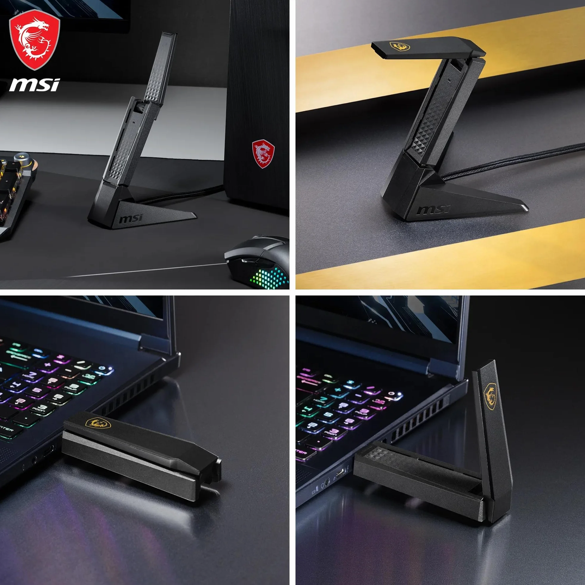 MSI AXE5400 trójpasmowy adapter USB WiFi 6E – WLAN do 5400 Mb/s (6 GHz, 5 GHz, 2,4 GHz bezprzewodowy), USB 3.2 Gen 1 typu A, MU-MIMO, regulowana antena, formowanie wiązki, WPA3 - przewodowy stojak na