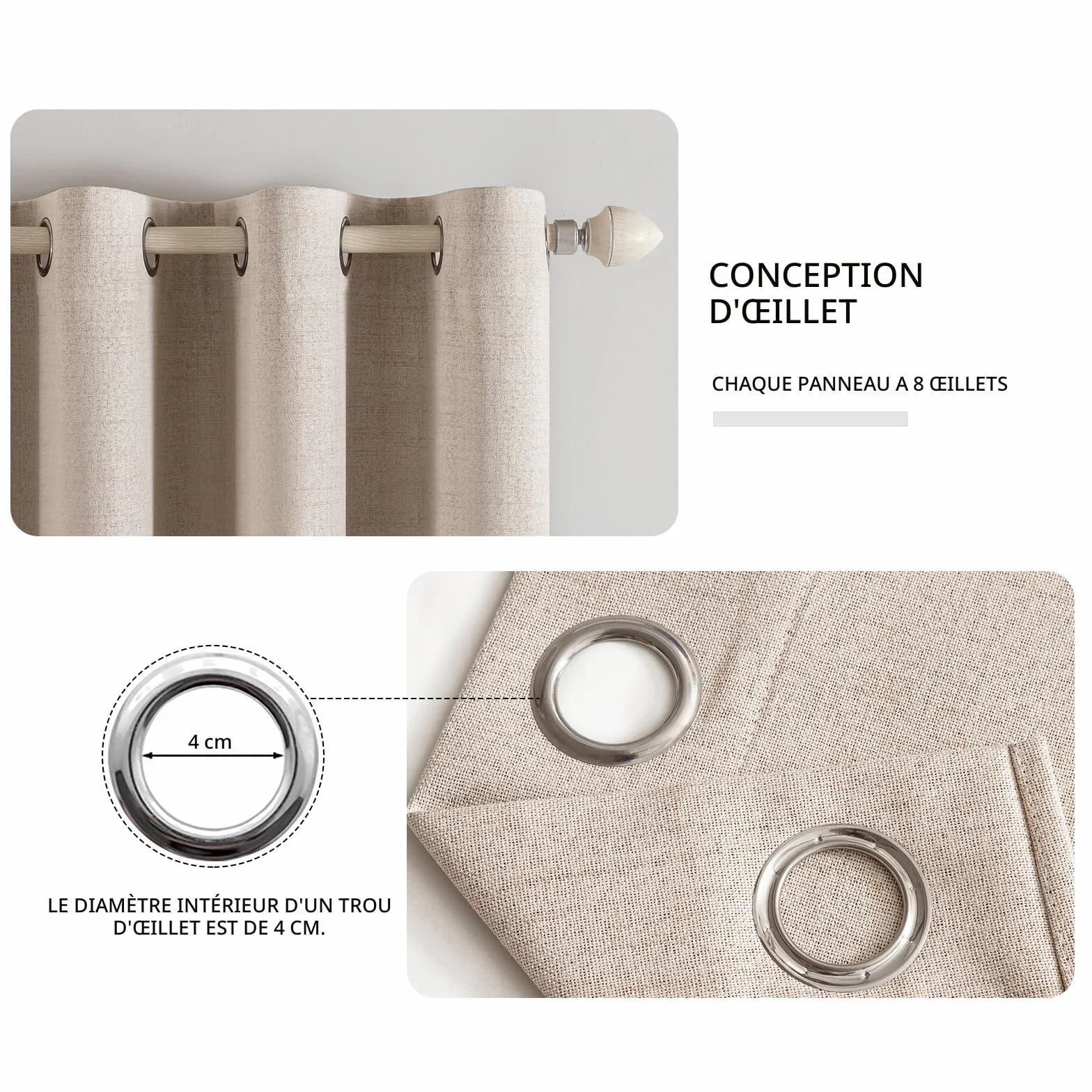 MIULEE Rideaux Opaques Thermiques avec Oeillets Lin 100% Opaques Lot de 2, 140 x 225 cm Beige
