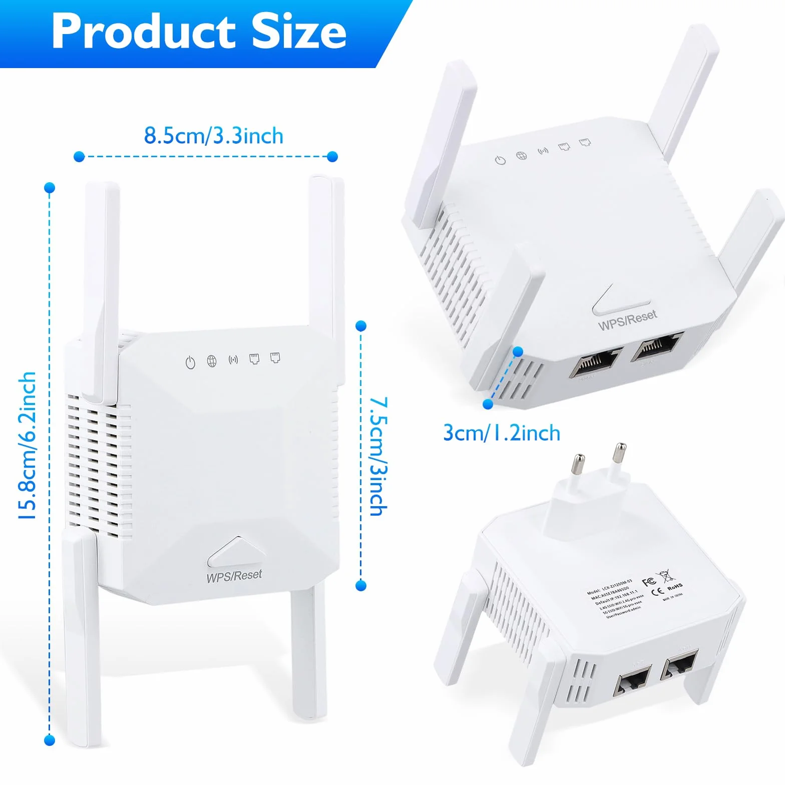 Potężny repeater WiFi 1200 Mb/s, dwuzakresowy wzmacniacz WiFi 2,4 GHz i 5 GHz, tryb repeatera/AP/router, 4 anteny zewnętrzne, przedłużacz Wi-Fi z portem Ethernet do domu i biura
