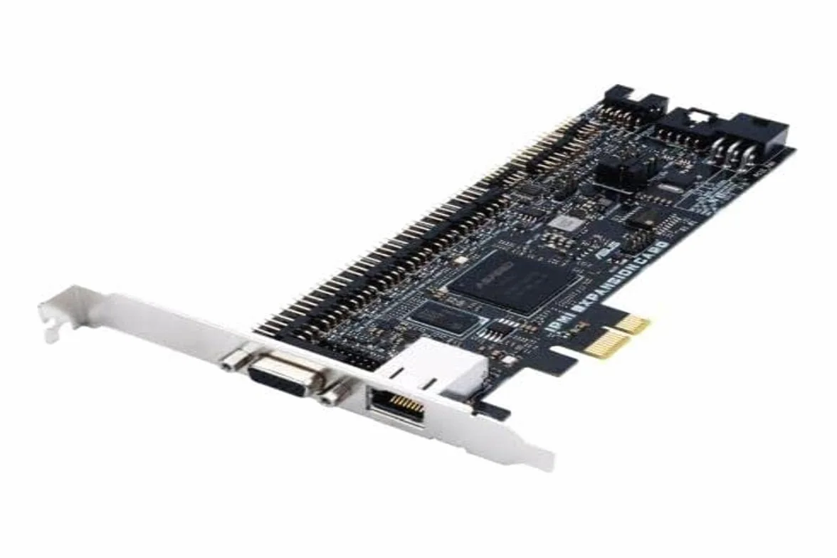 ASUS Karta rozszerzająca IPMI z dedykowanym kontrolerem Ethernet, portem VGA, interfejsem PCIe 3.0 x1 i chipsetem ASPEED AST2600A3, aby zapewnić inteligencję dla architektury IPMI