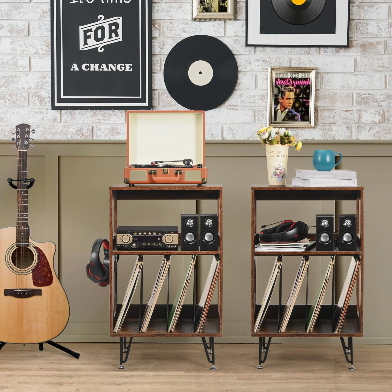 ikkle Table d’Appoint pour Tourne-Disque avec Rangement LP à 3 Niveaux, Support pour tourne-disque en bois marron Meuble Platine Vinyle, Support pour 160 Albums,Étagère de Rangement Disques pour Salon