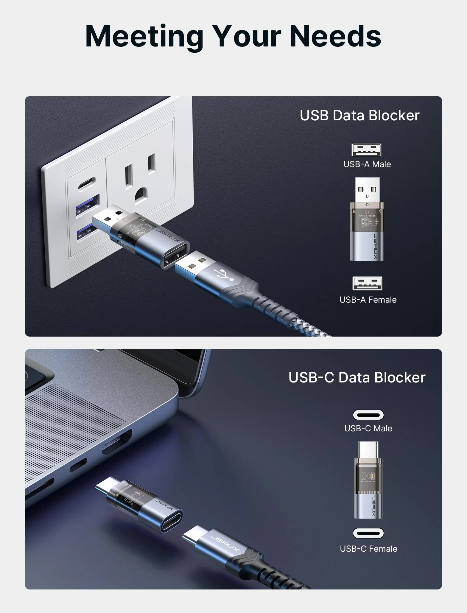 JSAUX Data Blocker USB & USB C Pack de 4, Bloqueur de Données Transparent Type A & Type C pour Recharge Sécurisée, Gris