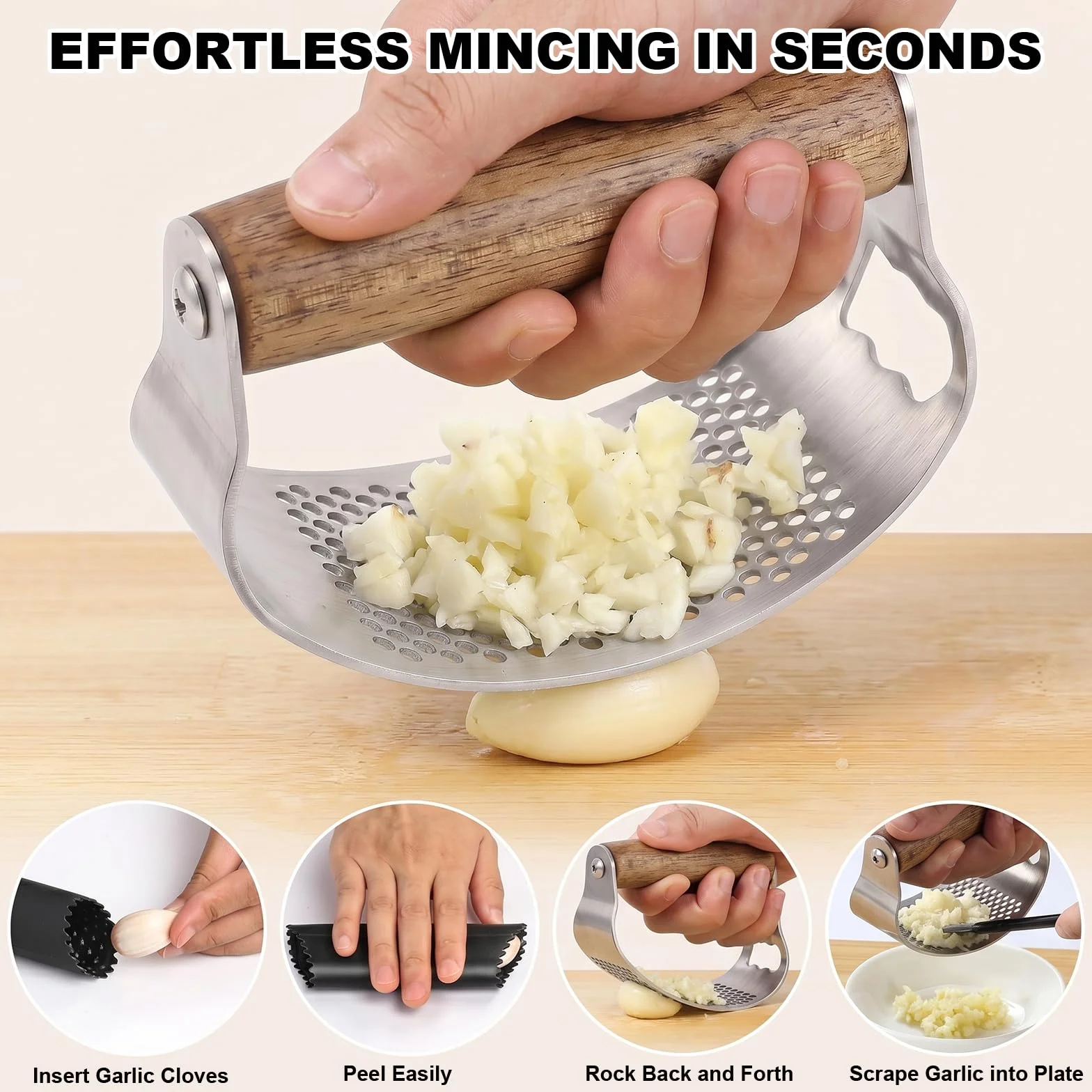 Presse Ail Inox avec Manche Ergonomique en Bois, 2-en-1 Écrase Ail et Décapsuleur, Inclus Éplucheur Silicone
