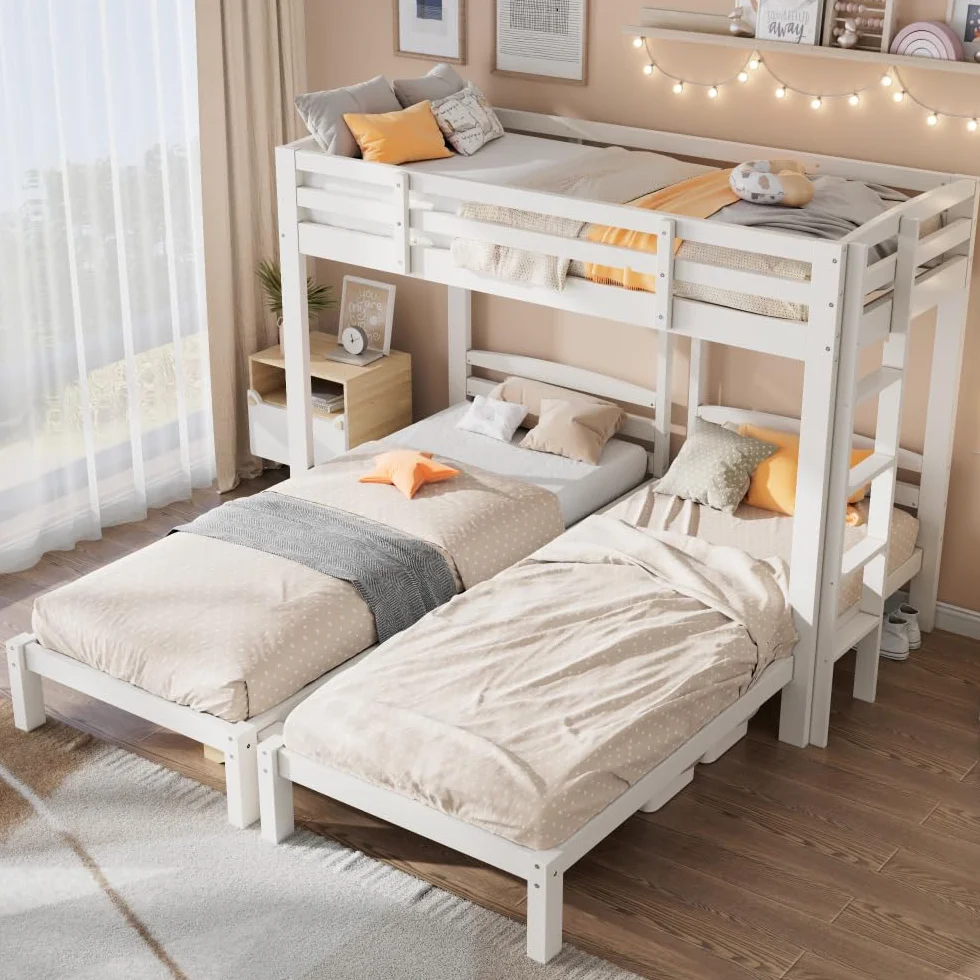 Sapgaks Lit superposé 3 Places 90x200cm,lit Mezzanine 3 Places,lit Enfant avec Barriere lit Double Enfant,Mezzanine escalier,avec échelle latérale,pour Enfants et Adolescents, Blanc
