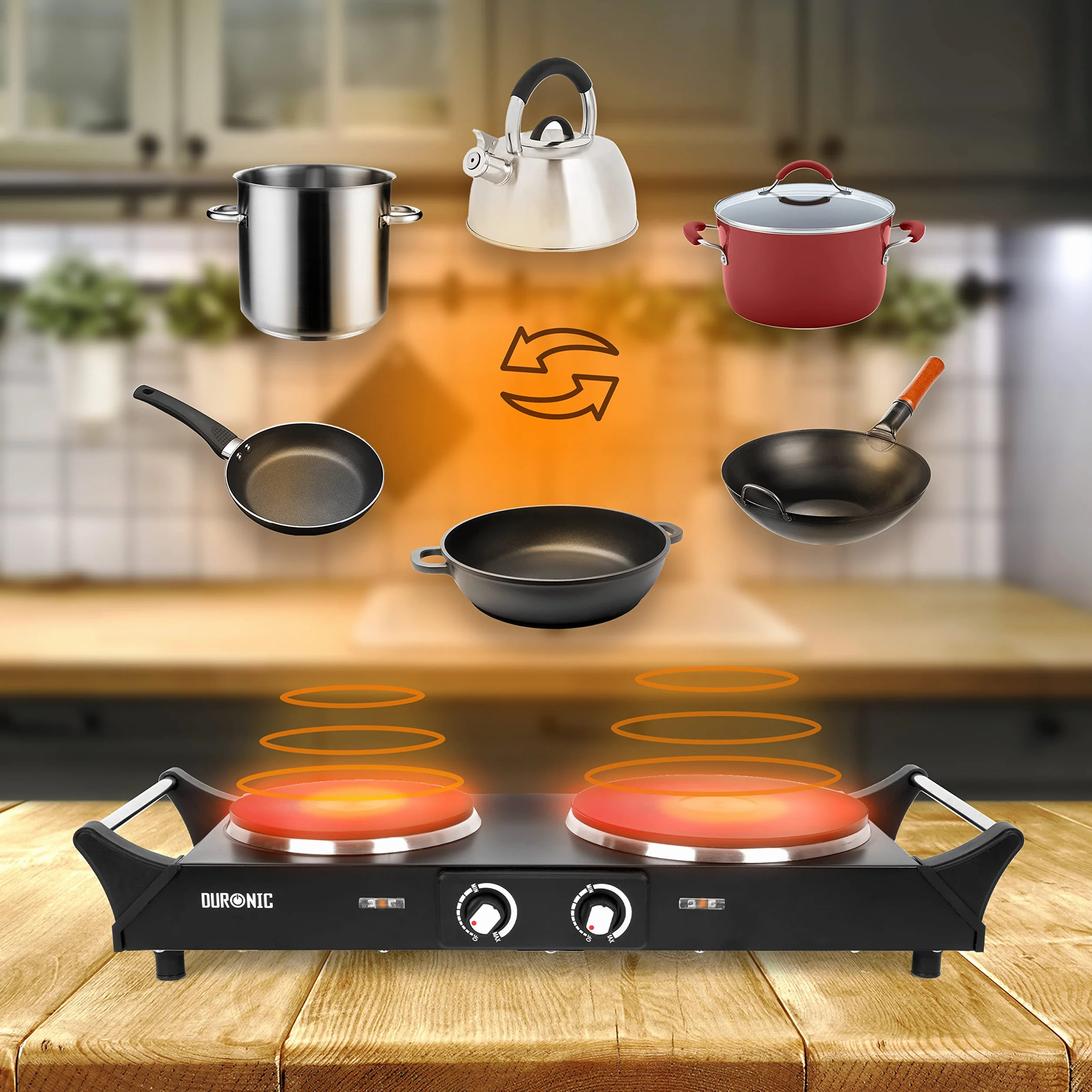 Duronic HP2 BK Plaque de cuisson chauffante électrique 1500W | Double Foyer en fonte de 20 et 15 cm | Poignées ergonomiques | Thermostat réglable | Réchaud mobile alternatif à une table de cuisson