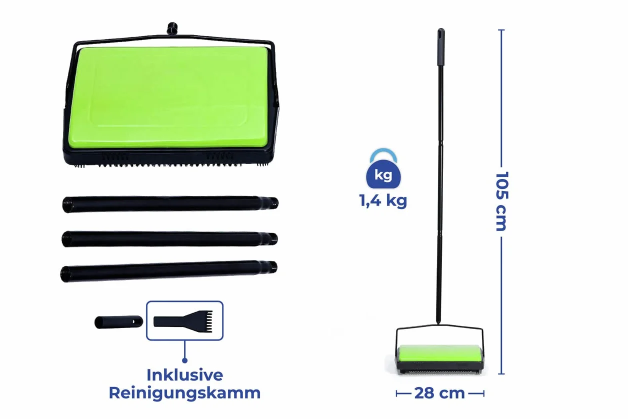 WENKO Balai mécanique Vert pour Tapis | Ramasse poussière | Fonctionne sans électricité et sans Bruit | Manche en métal | 28 x 105 x 19 cm | Noir et Vert