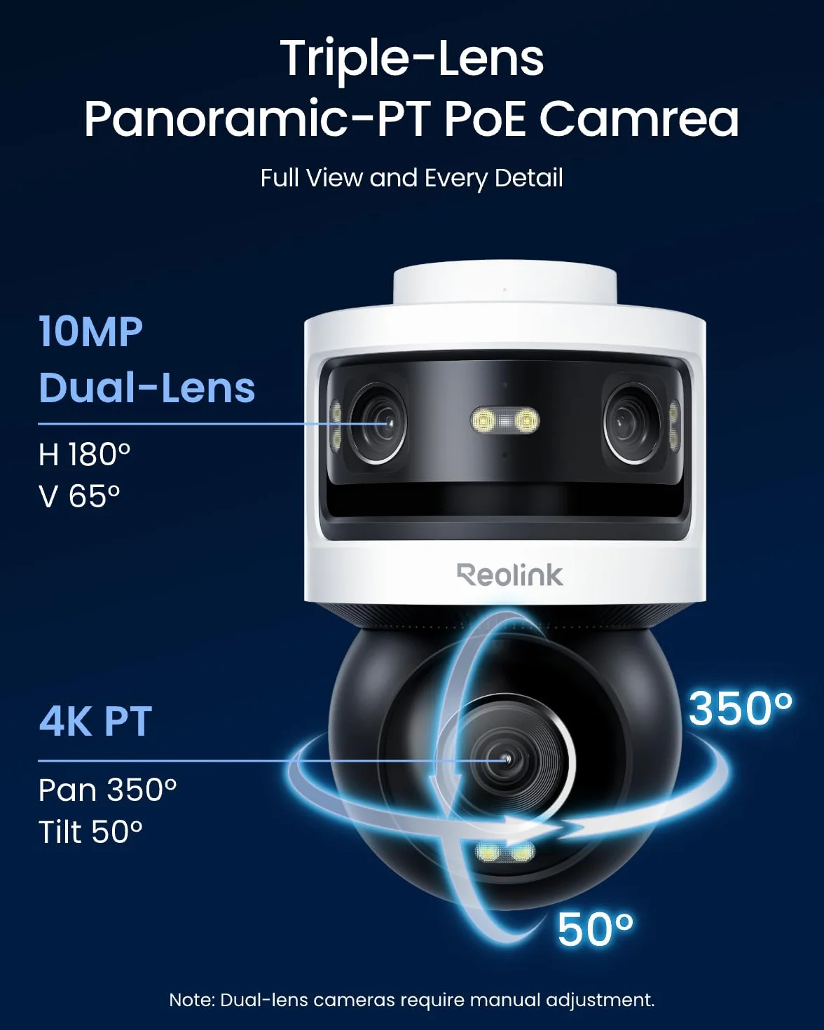 Reolink Kamera Zewnętrzna PoE PTZ, Trzema Obiektywami, 10 MP + 8 MP, Panoramiczna PT, Śledzenie SyncTrack, Wyszukiwanie Wideo AI, Kolorowy i IR Tryb Nocny, Nagrywanie 24/7, OMVI 3i PoE