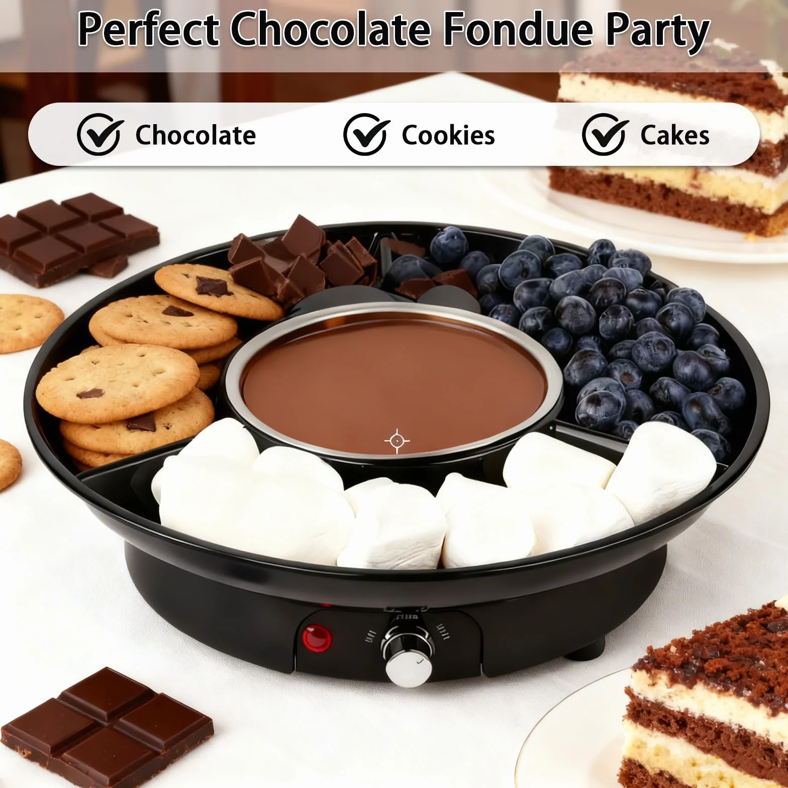 Set à Fondue au Chocolat Électrique, Pot à Chocolat 280 ml avec 2 Niveaux de Température, Casserole en Aluminium Amovible, Plateau de Service et 4 Fourchettes, Idéal pour Soirées Romantiques