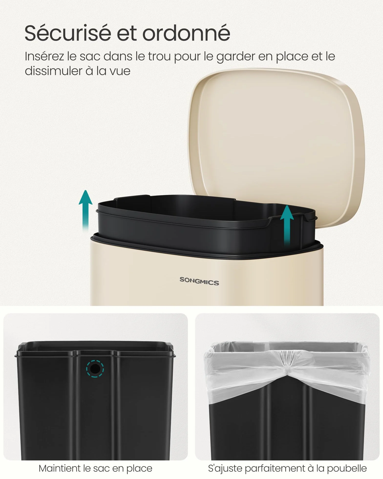SONGMICS Poubelle Cuisine 50 L, Acier, Pédale, Fermeture en Douceur, Beige Sable