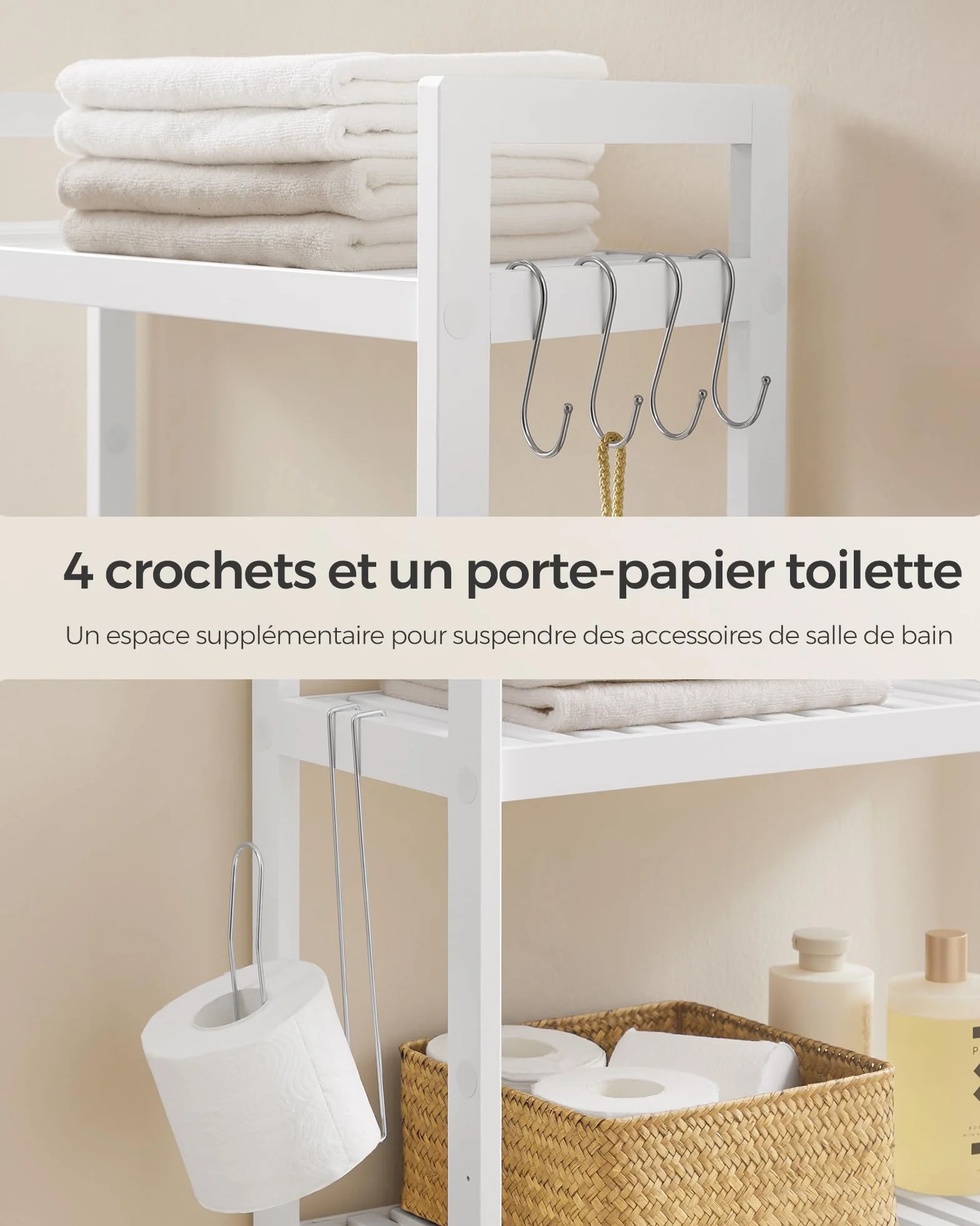 SONGMICS Étagère WC, Rangement au-Dessus des Toilettes, 3 Niveaux, avec Étagère Réglable, Convient à la Plupart des Toilettes, Gain de Place, Montage Facile, Blanc Nuage BTS01WT