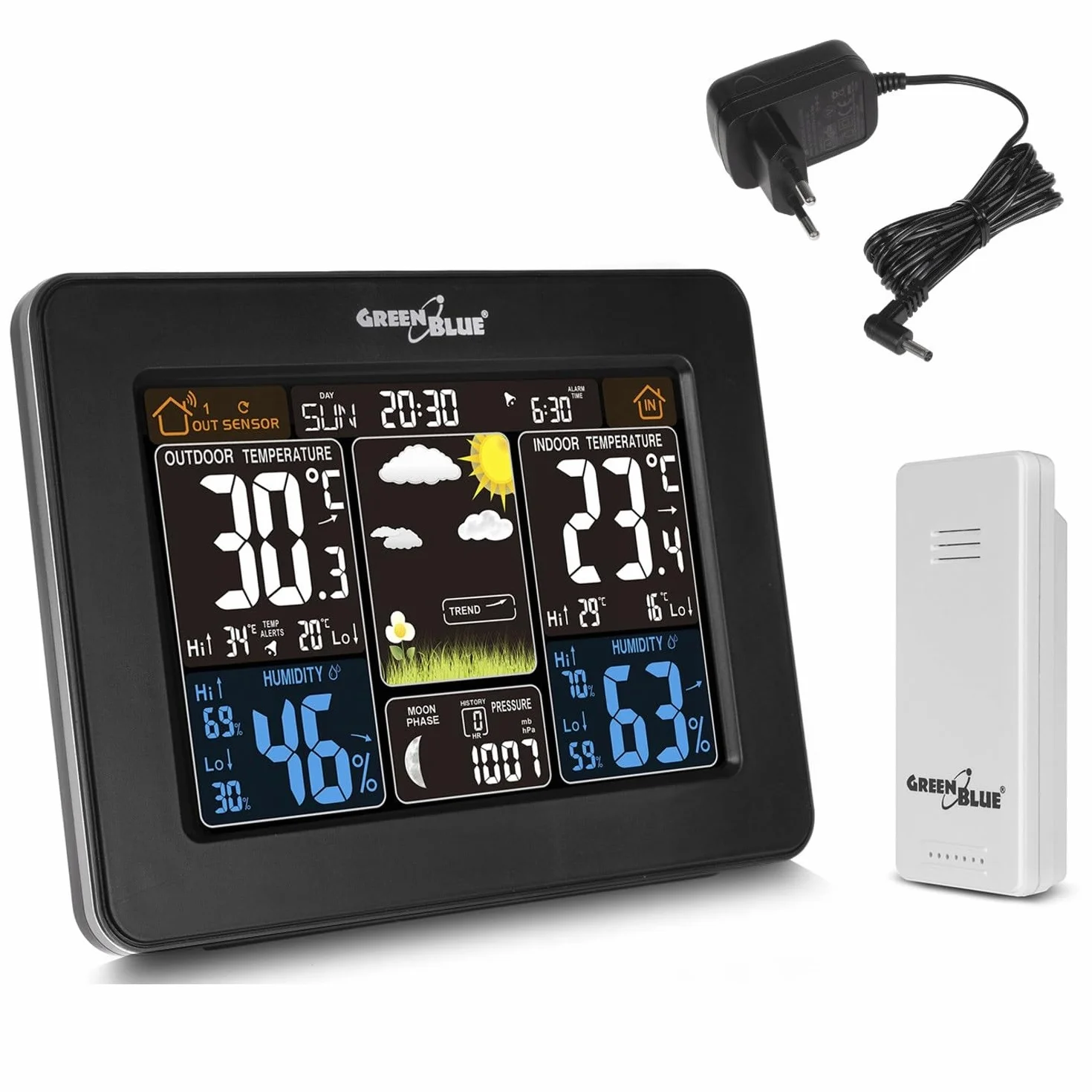 Station météo sans fil GreenBlue GB523 avec alarme sonde extérieure réveil baromètre thermomètre phases de lune DCF