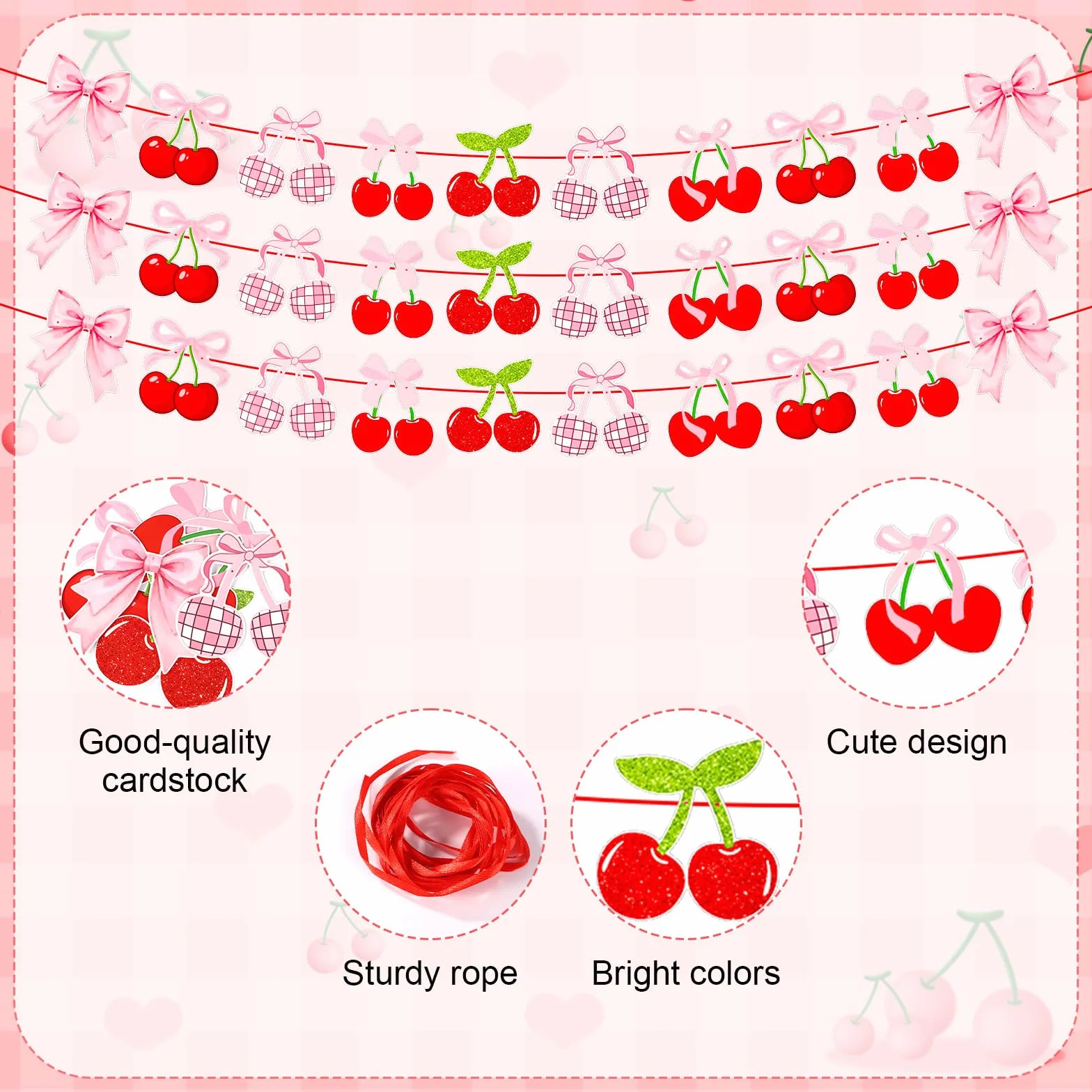 Lyreh 3pcs Banderoles Cerises Décoration Fête Thème Cerises pour Noël Anniversaire Mariage