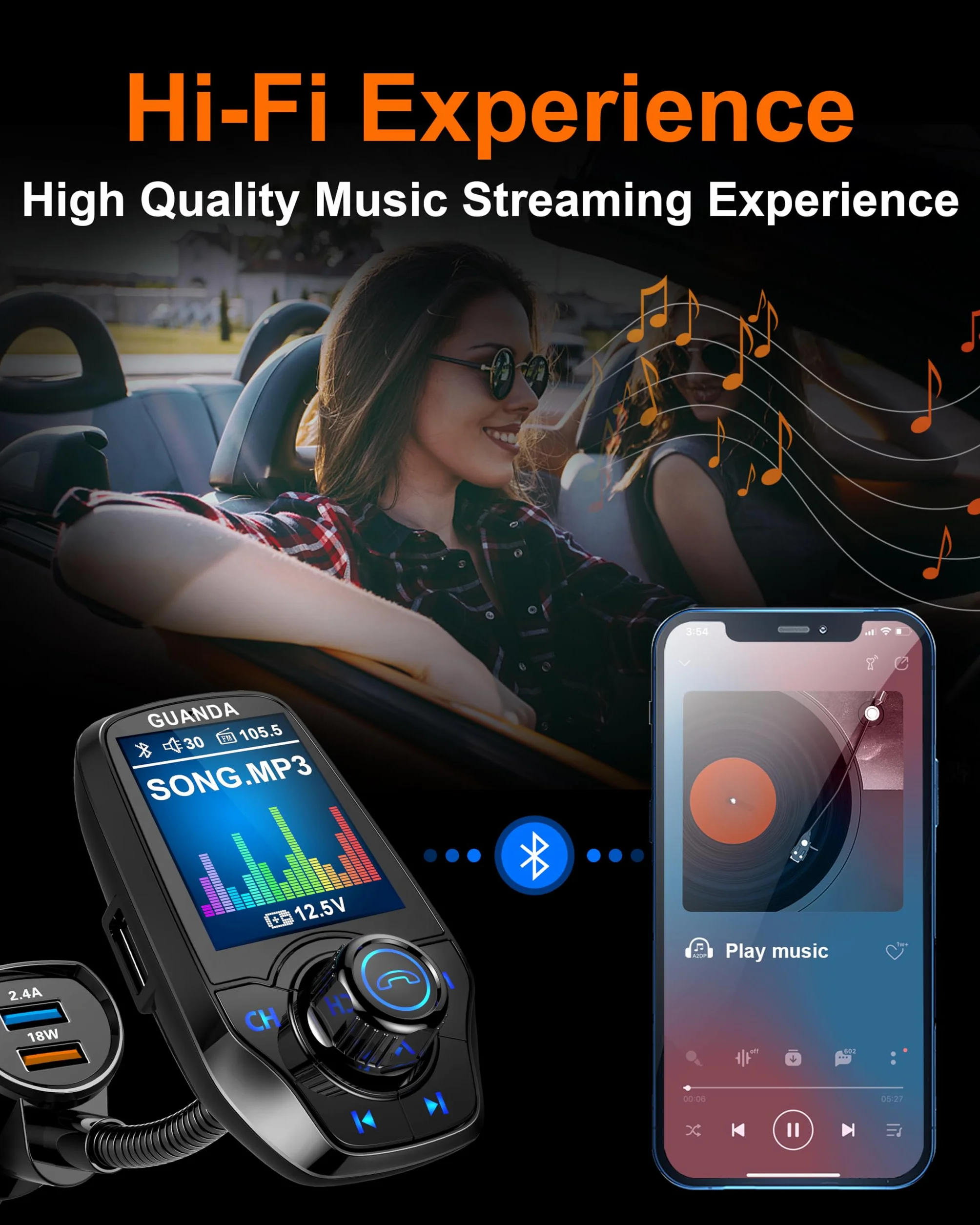 Bluetooth FM Transmitter for Car, Bluetooth Car Adapter, 4-in-1 Car MP3 Player with 1.8 Inch Color Display, AUX Input/Output, 3 Port USB, S Handsfree Call, SD/TF Card, USB Disk,QC3.0,5 EQ Modes