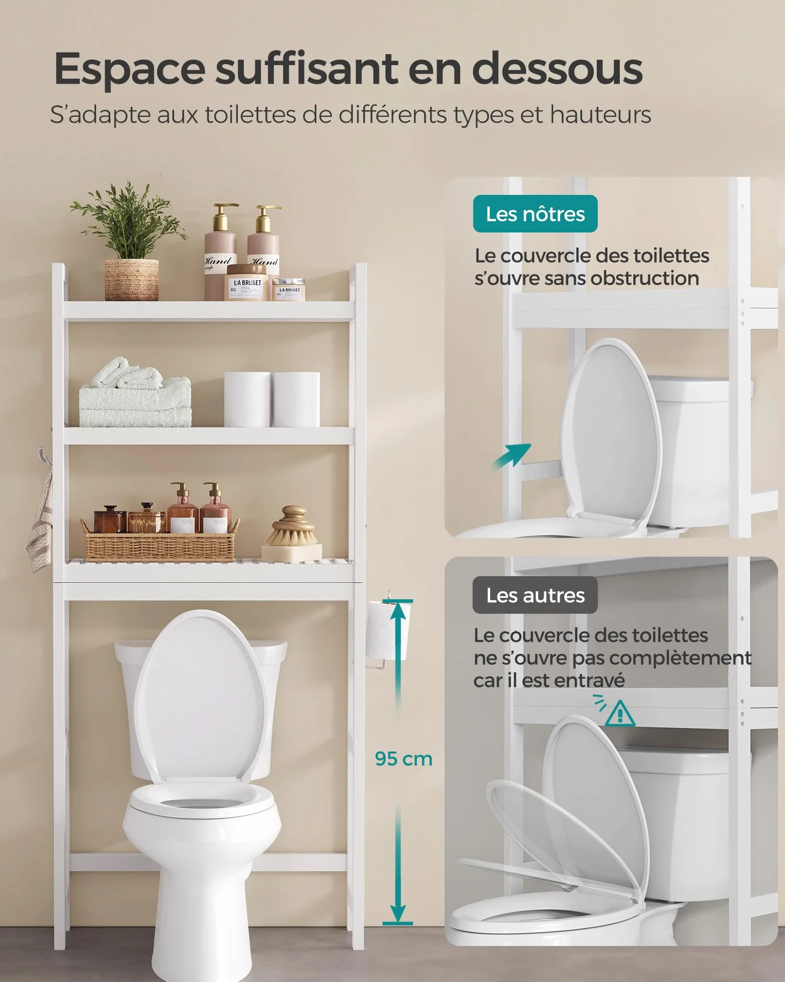 SONGMICS Étagère WC, Rangement au-Dessus des Toilettes, 3 Niveaux, avec Étagère Réglable, Convient à la Plupart des Toilettes, Gain de Place, Montage Facile, Blanc Nuage BTS01WT