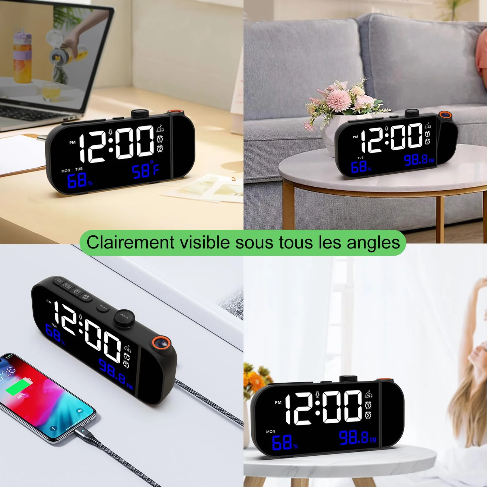 Radio Réveil Numérique avec Projecteur Plafond, Température et Humidité, Double Réveil Snooze, Charge USB - Blanc