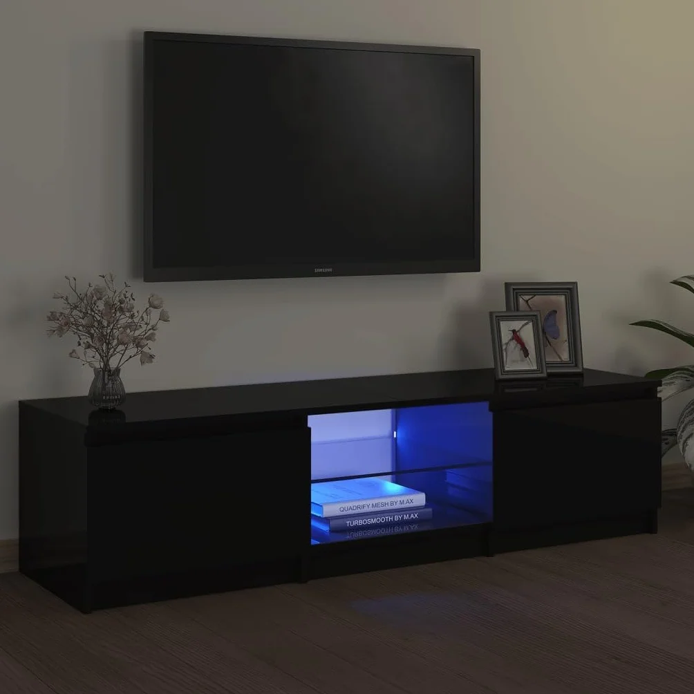 Meuble TV LED Moderne et spacieux avec éclairage RGB en Bois Noir de 140 cm Ameublement et Décoration, Meubles TV