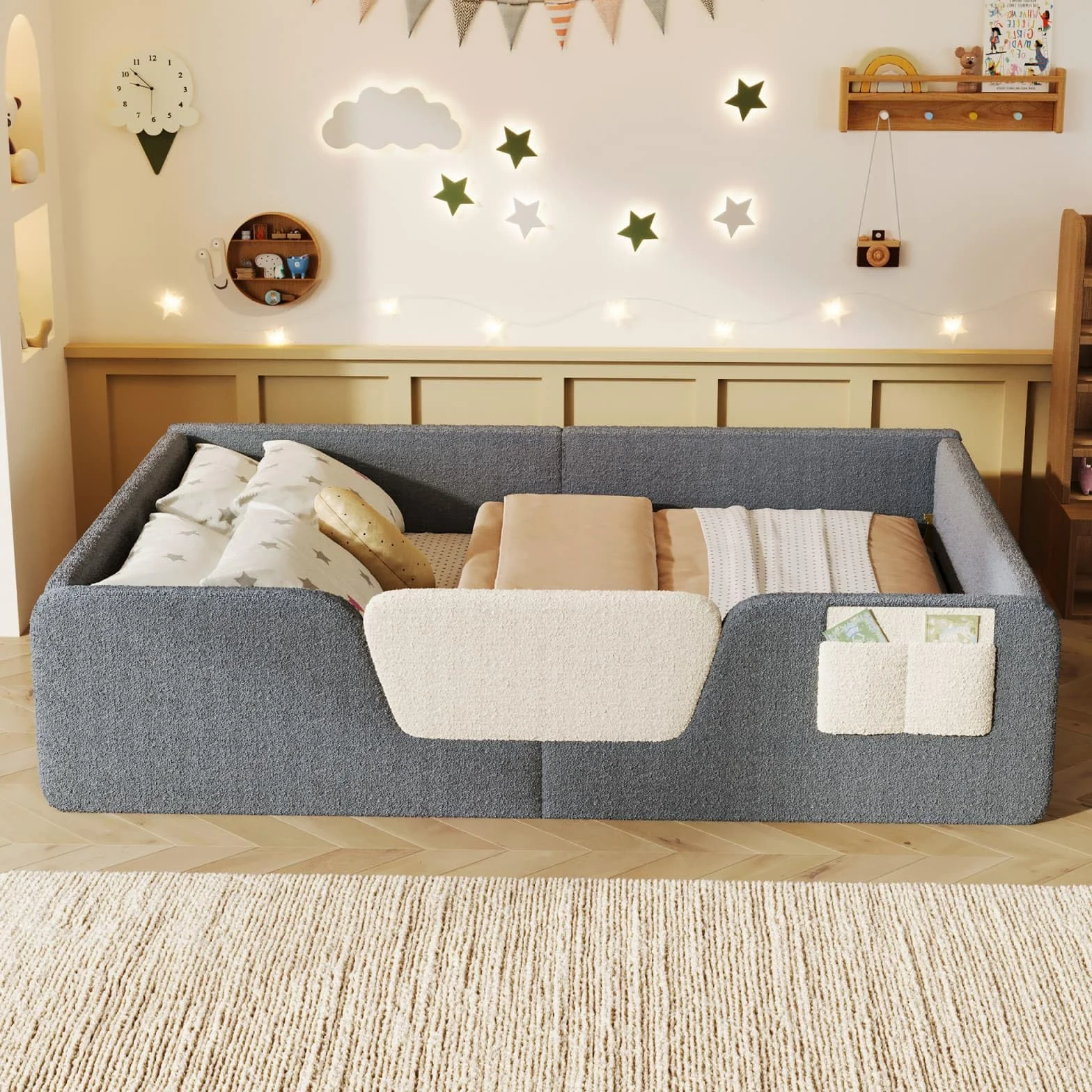 KOMHTOM Lit Enfant au Sol, Lit Montessori, Lit Capitonné en Velours, Barrière de Sécurité Amovible, Sommier à Lattes, Poche de Rangement Tissu, Design Sûr, sans Matelas (Gris)