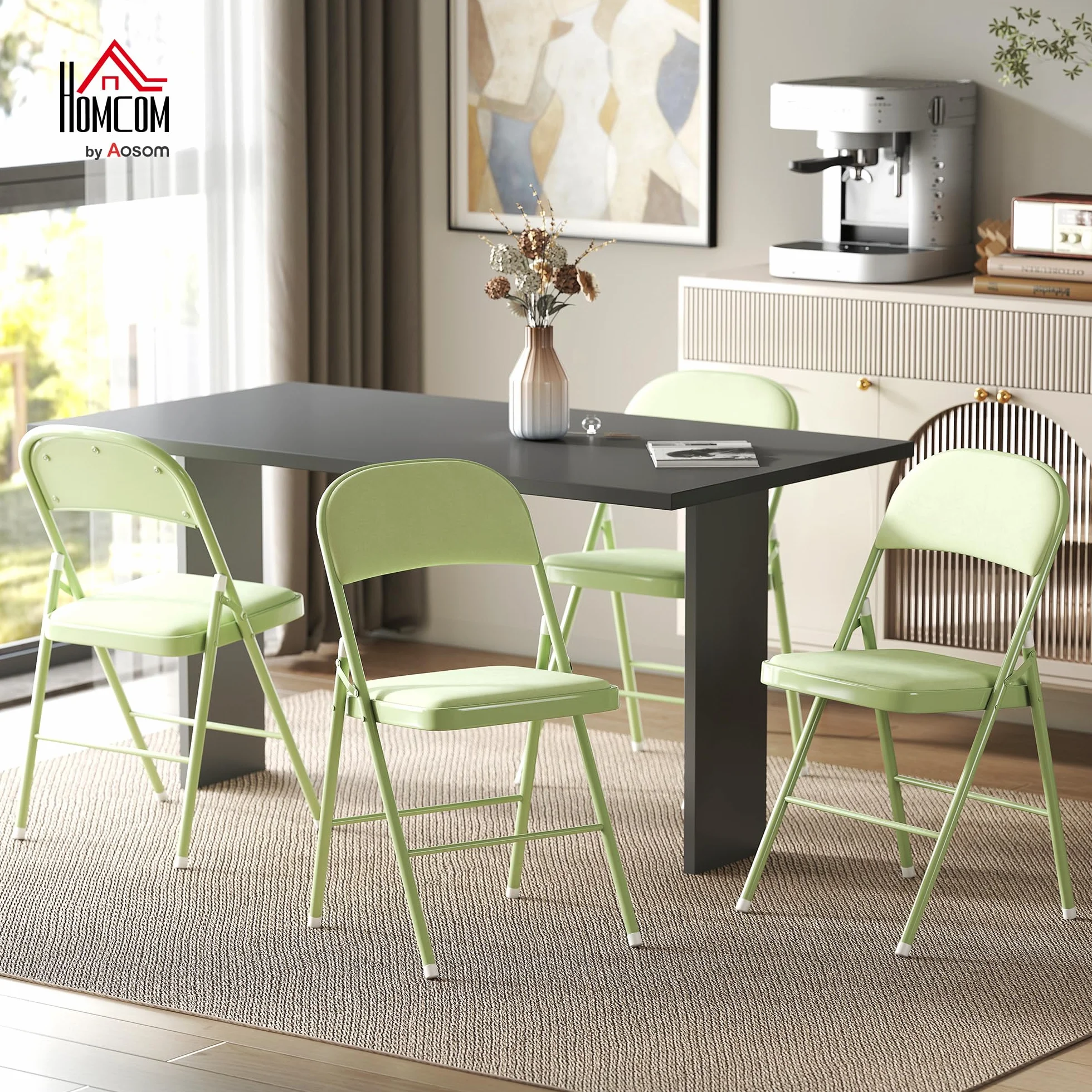 HOMCOM Lot de 4 chaises Pliantes chaises de Salle à Manger Portables intérieur avec assises et dossiers rembourrés en Velours et Cadre en Acier, Charge jusqu'à 120kg, Vert