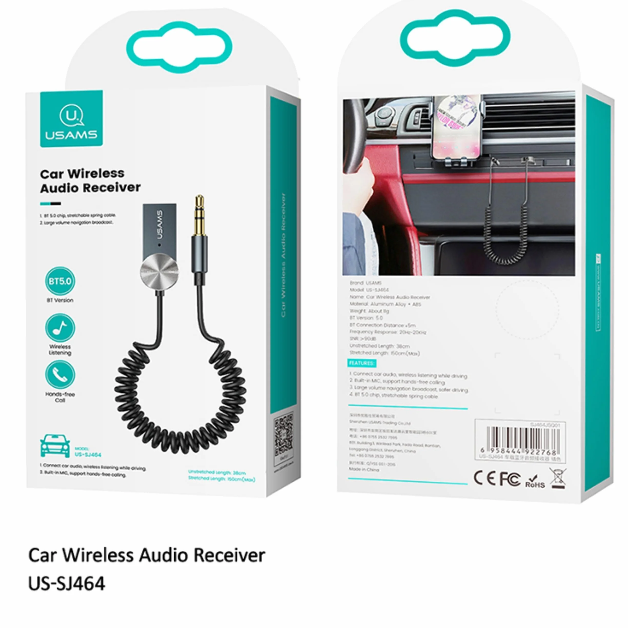 P4Y Bezprzewodowy Adapter Audio Samochodowy US-SJ464 złącze Jack 3,5 mm do gniazda AUX port USB Bluetooth 5.0 Wbudowany mikrofon Komunikaty głosowe Materiał: stop aluminium + ABS