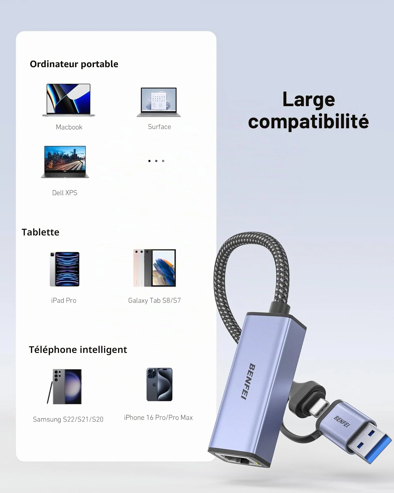 BENFEI Adaptateur USB Ethernet 2-en-1 USB 3.0 USB C vers RJ45 LAN 1 Gbps