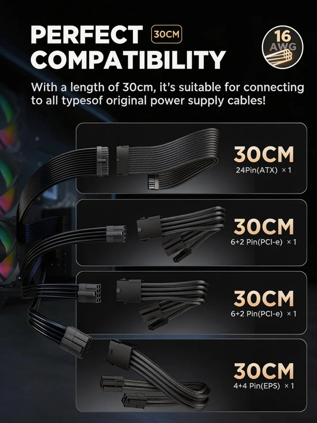 AsiaHorse Przedłużacz kabla PSU, Zestaw kabli w osłonie PC dla GPU/CPU, Przedłużacze kabli zasilających 18AWG z grzebieniami kablowymi, 24PIN/(6+2) PIN/(4+4) PINi, 30CM, Czarny