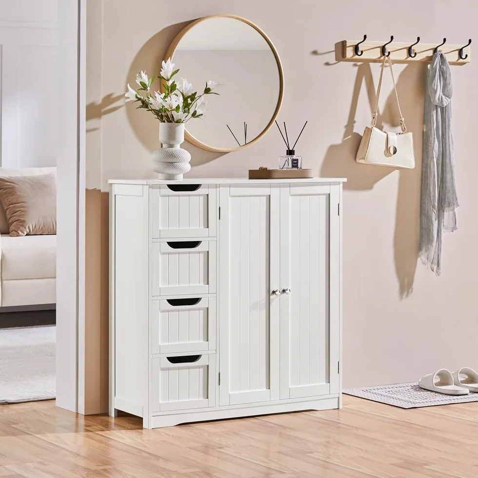 Yaheetech Meuble Salle de Bain Rangement, Armoire Toilette, avec 4 Tiroirs et 1 Large Placard, 1 Etagère Intérieure, 81 × 30 × 83 cm, Grande Commode Chambre Cuisine Blanc