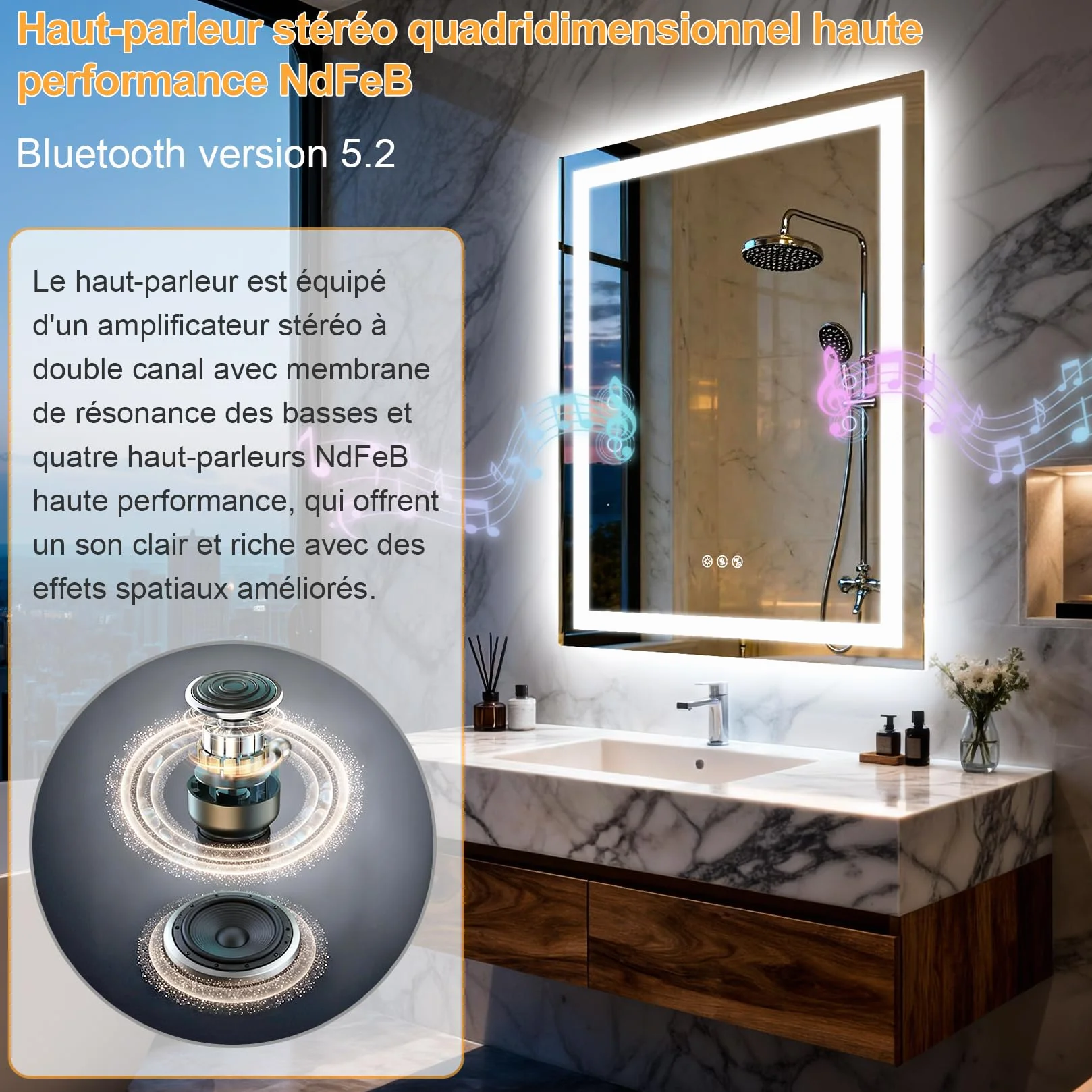 Miroir de Salle de Bain LED avec lumières 60x80cm,Double Haut-Parleur Bluetooth,Anti-buée,3 températures de Couleur,luminosité à intensité Variable,Fonction mémoire,étanche,Support Mural