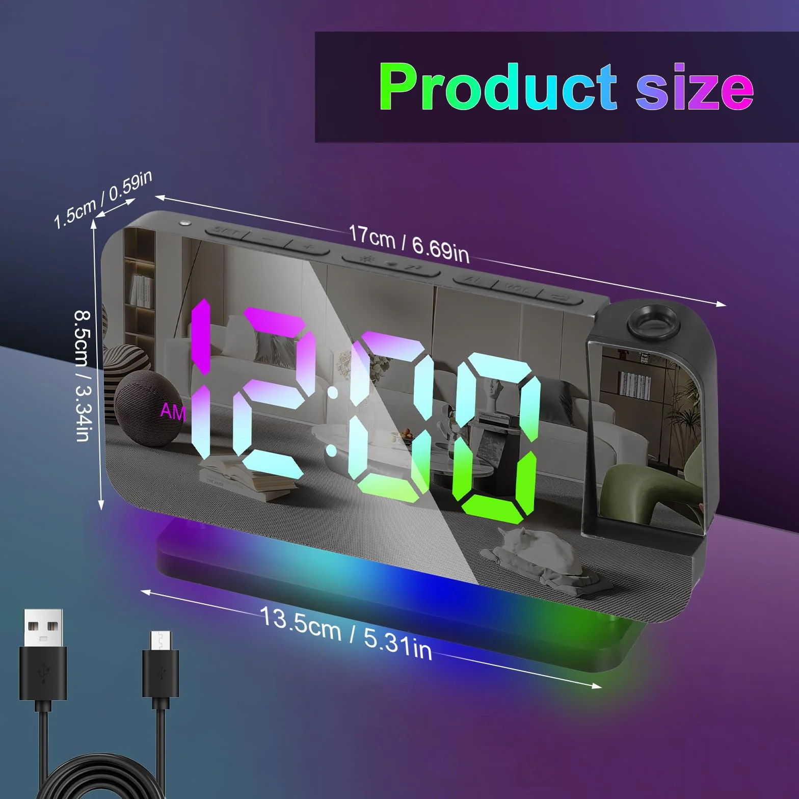 Réveil à Projection avec Projecteur Rotatif 180°, Affichage LED 11 Couleurs, Luminosité Réglable, Snooze