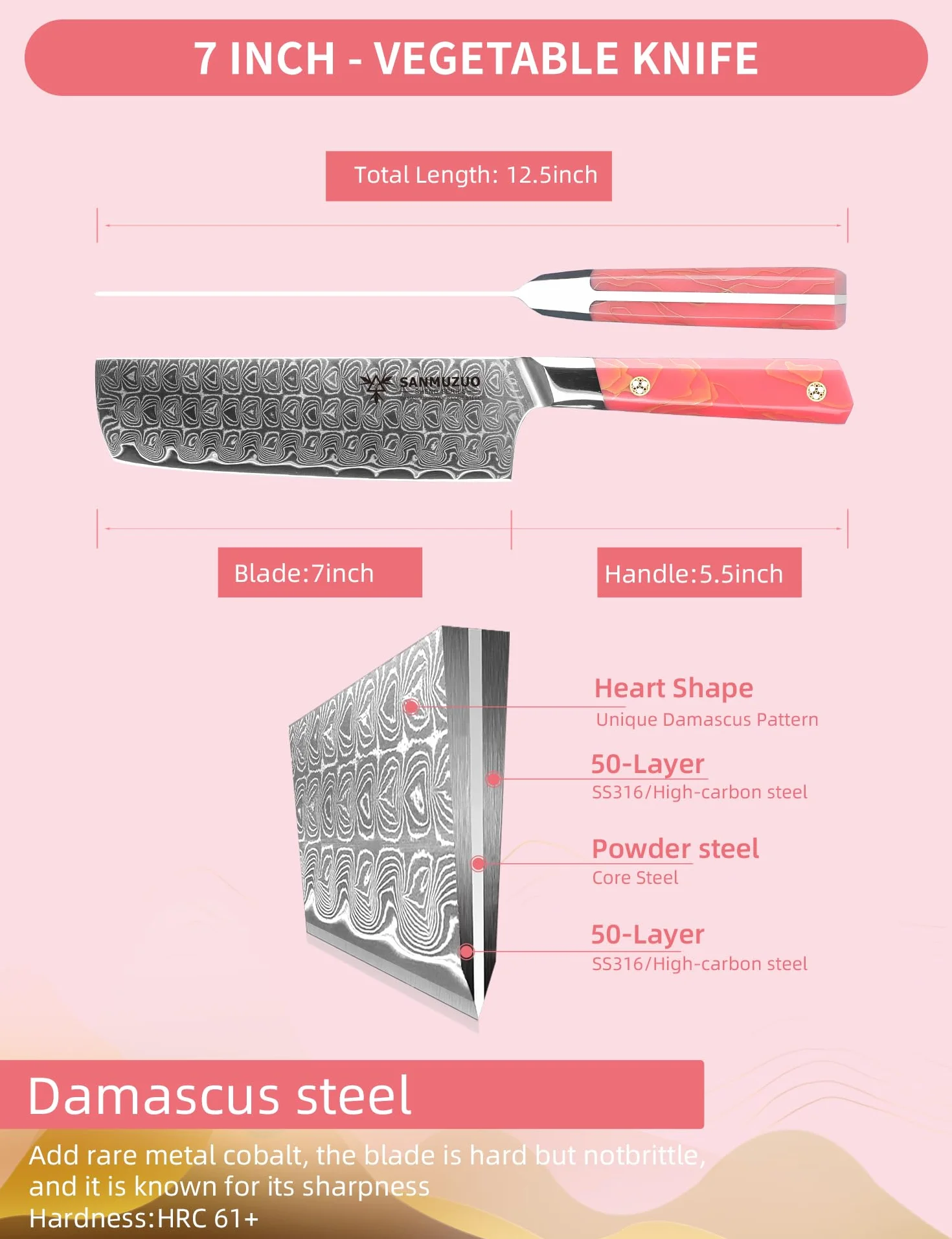 Couteau Nakiri 18 cm, couteau de cuisine professionnel, acier Damas ultra tranchant avec manche en résine pleine soie, série SHENG