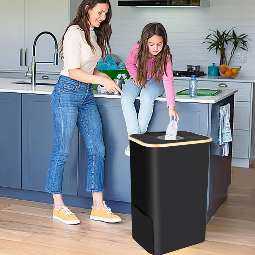 Poubelle tri selectif 100l avec couvercle et sac à main noir