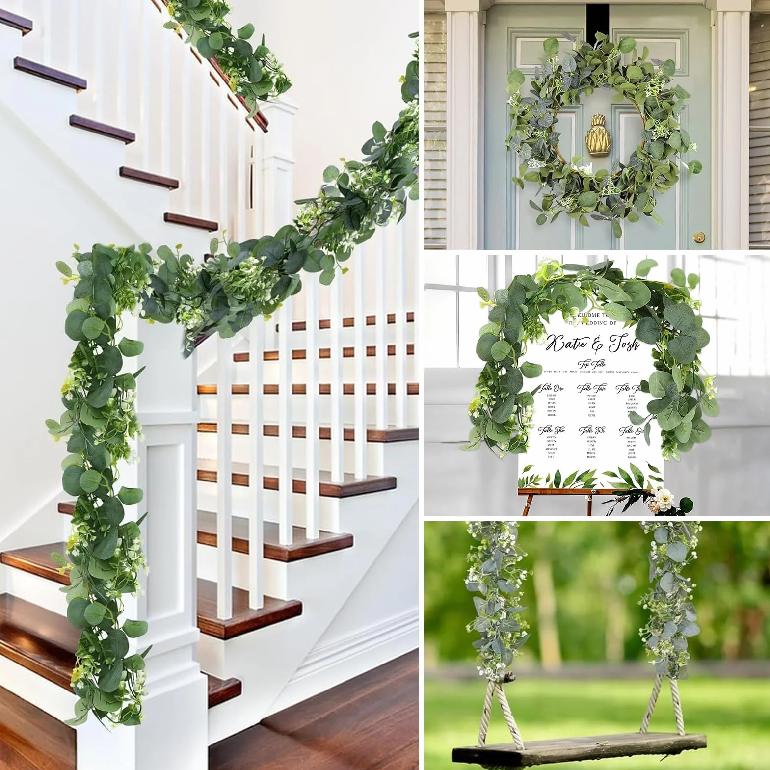 Guirlandes Artificielles d'Eucalyptus 1.8m avec Fleurs Blanches pour Mariage, Salon, Mur