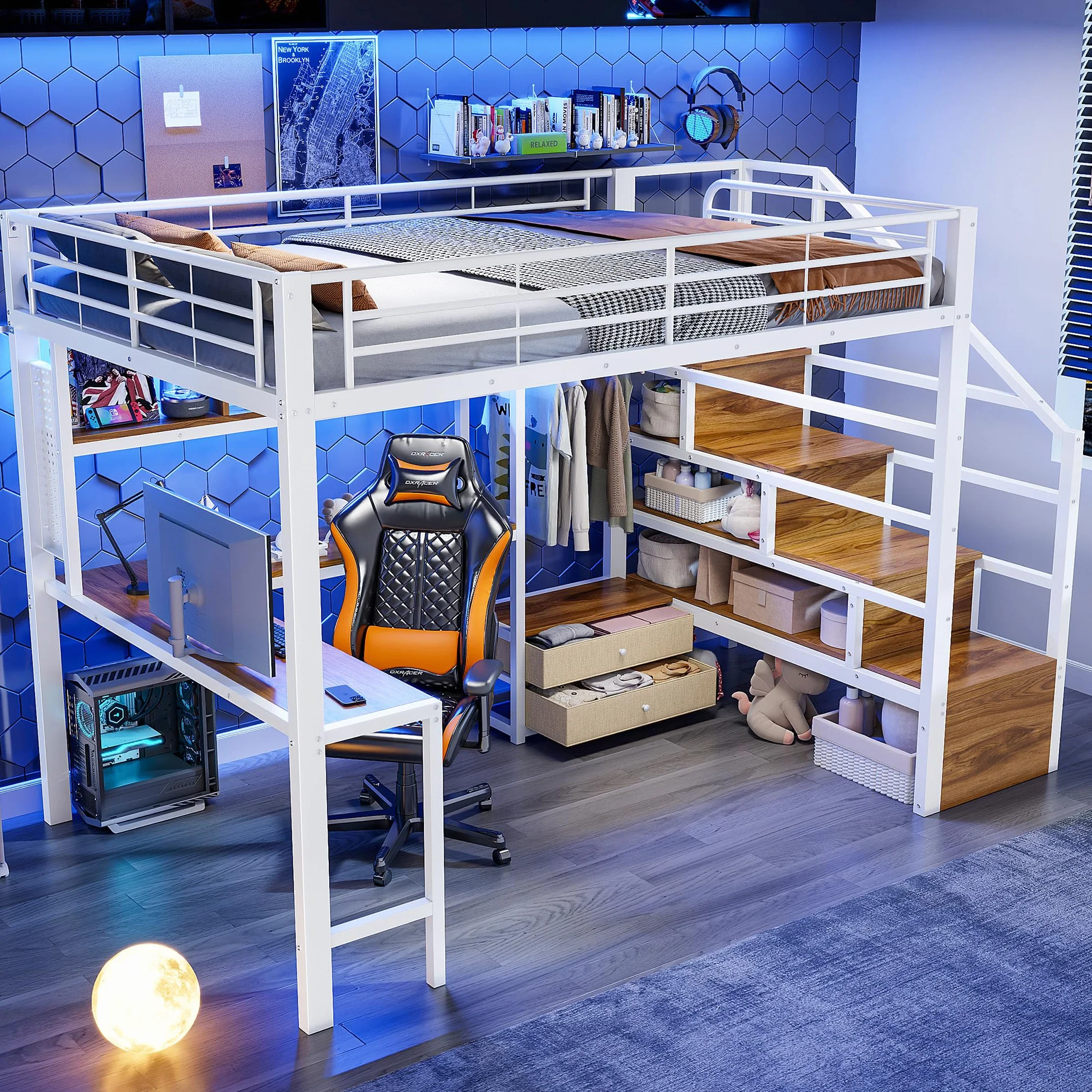 Lit Mezzanine Enfant 140x200 cm - Lit Enfant 1 Place avec Bande LED, Rangement, Cadre en Fer, 2 Tiroirs, Grille De Suspension, Bureau, Escalier avec Rangement, Blanc (sans Matelas)