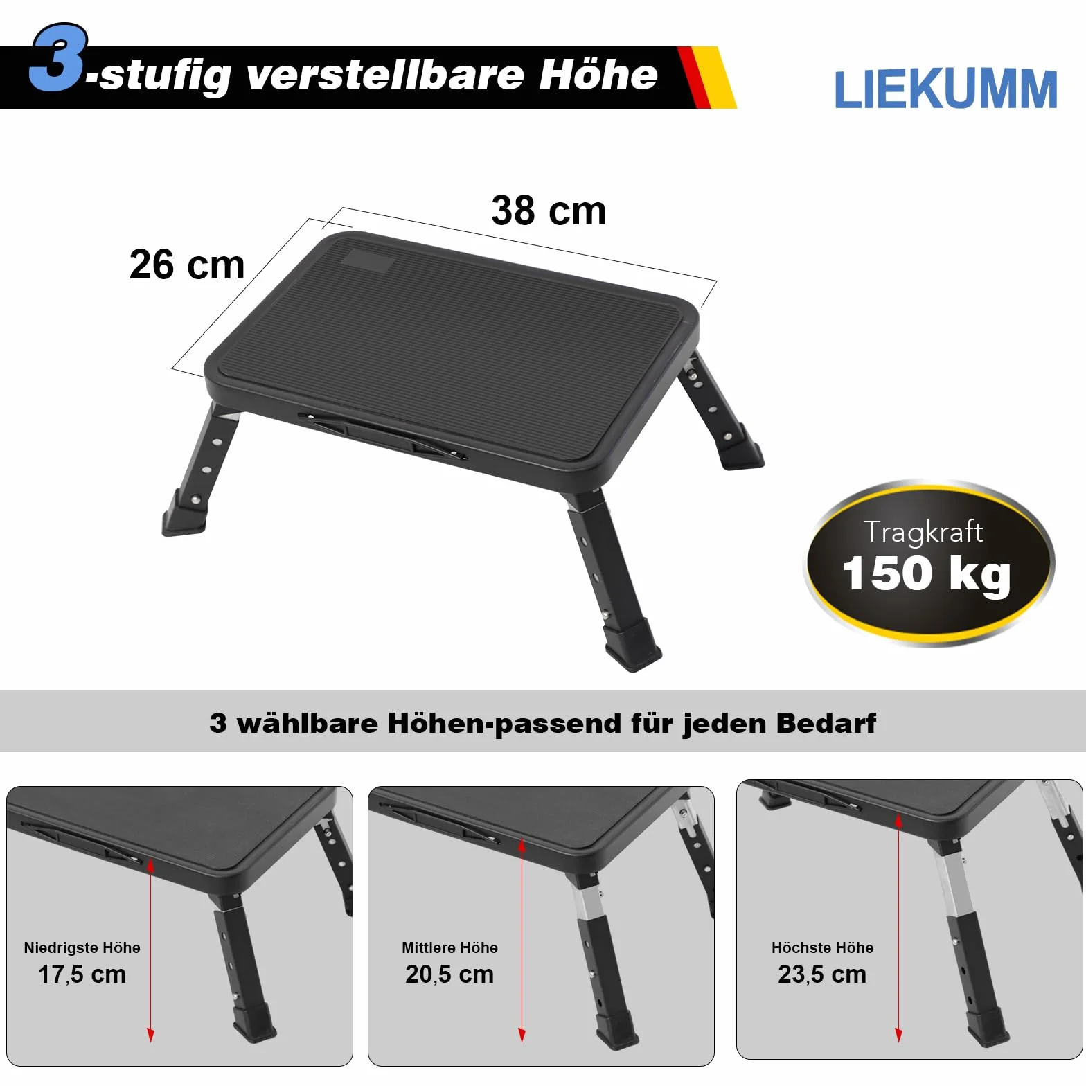 LIEKUMM Marchepied pliant à 3 niveaux, capacité de charge 150 kg, hauteur réglable, marchepied avec plateforme antidérapante, marche pour la maison, la cuisine, la salle de bain et le camping-car