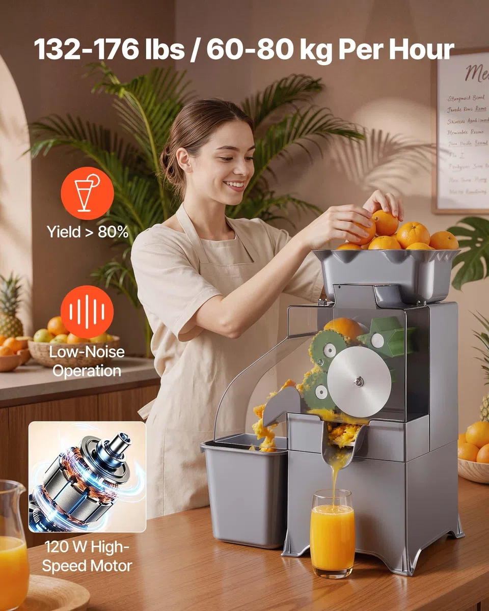 VEVOR Presse Agrumes Professionnel Extracteur de Jus Électrique 100 W, Pour Bar à Jus Restaurant Supermarché, Presse Orange Commerciale à Rendement Élevé, Avec Bac à Écorces et Couvercle en PC